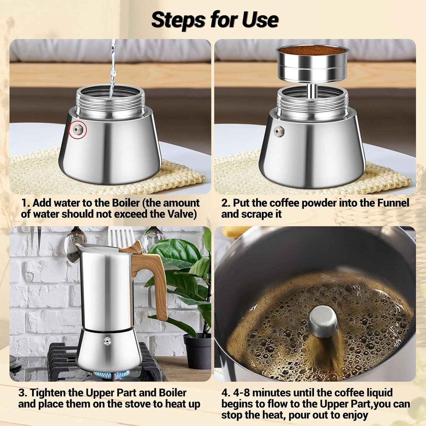 No Coating 6 Cup Moka Pot Thickened 304 Stainless Steel Stovetop Espresso Coffee Maker 300ml 10.1oz Mocha Percolator Greca Cuban Ideal for Making Rich Authentic Italian Café