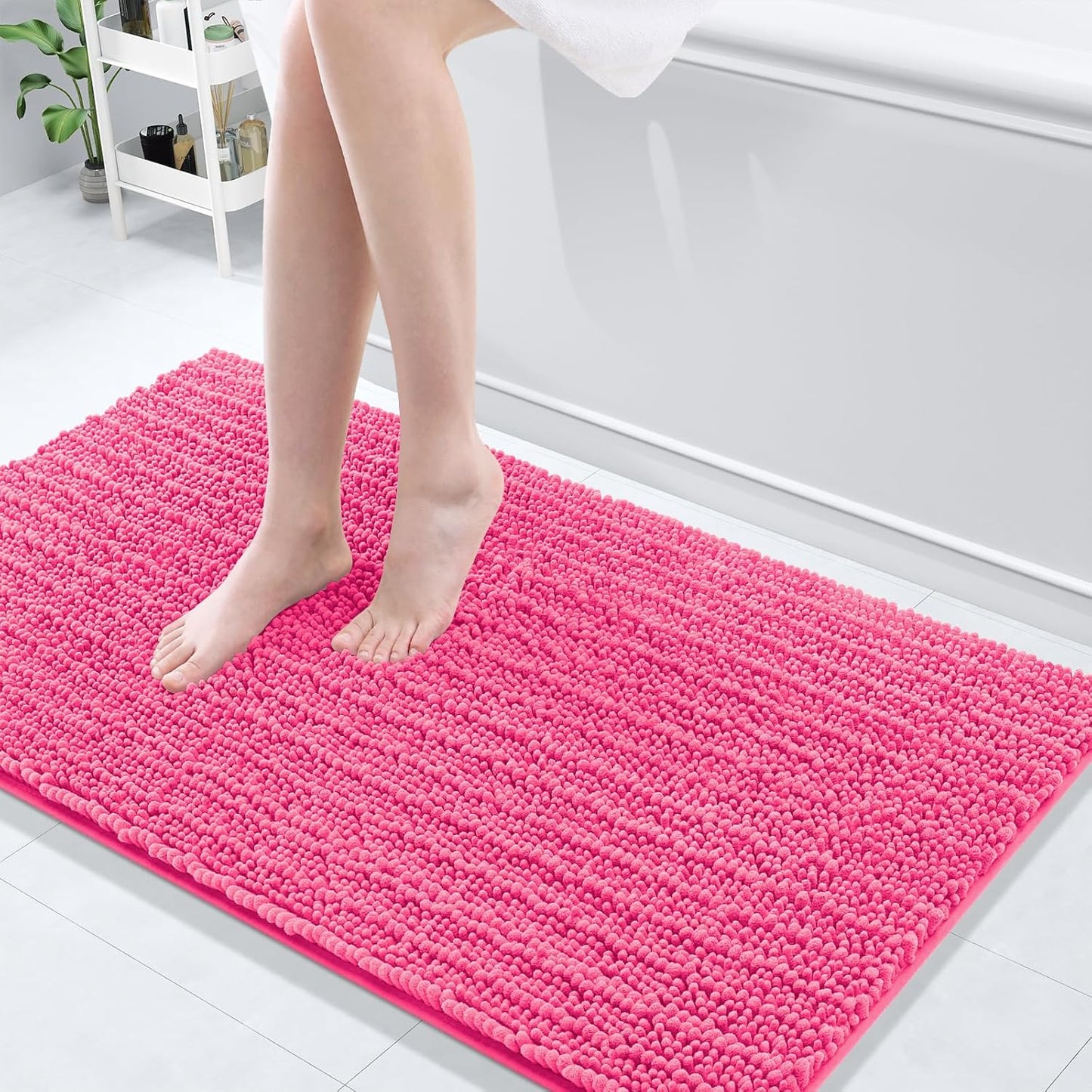 Arotive Luxury Chenille Bathroom Rug Mat, Extra Soft Thick Absorbent Shaggy Bath Rugs, Non-Slip Machine Wash Dry, Plush Bath Mats for Bathroom, Shower and Tub, 47x24, Deep Pink
