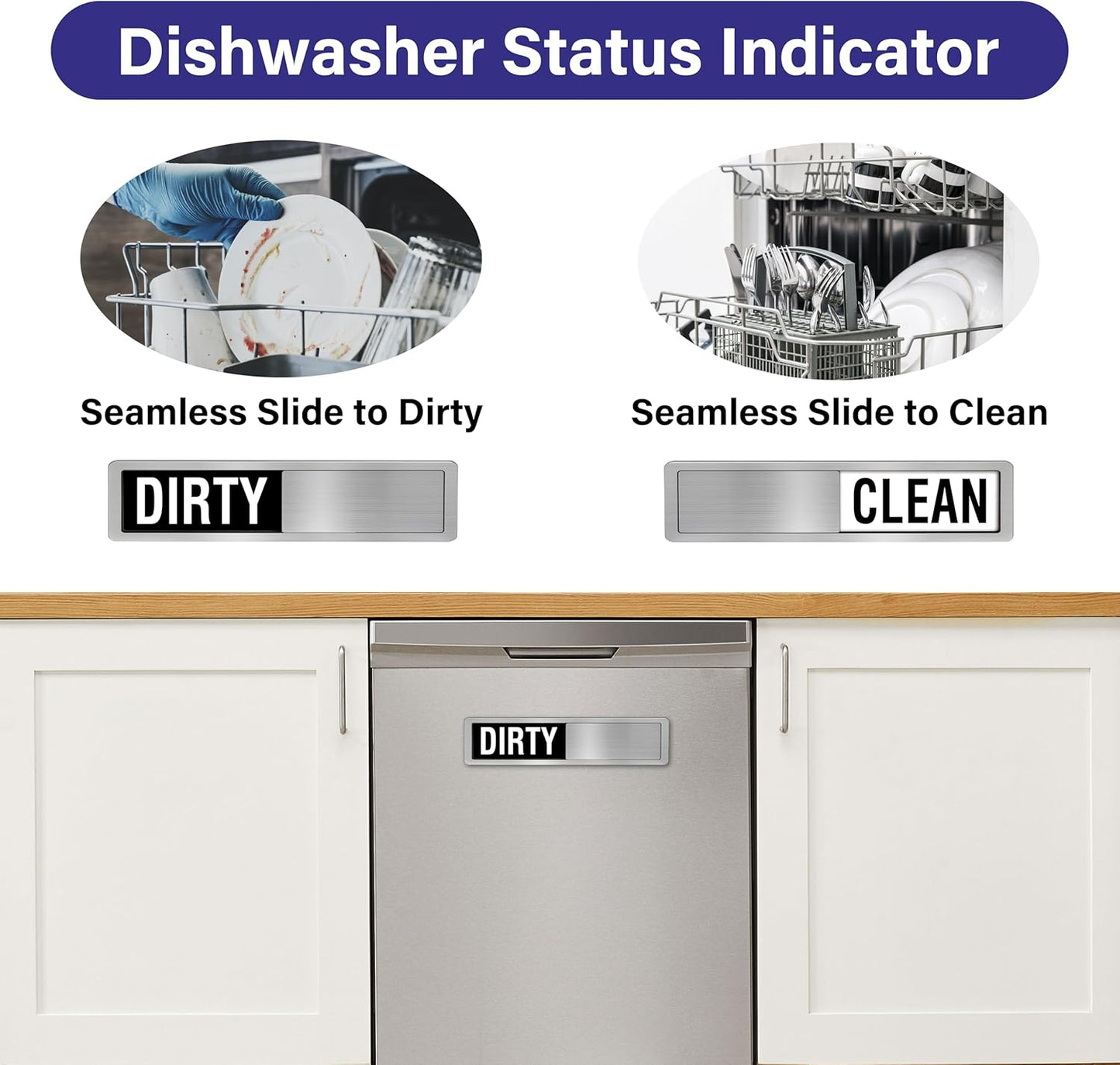 Dishwasher Clean Dirty Sign-Dishwasher Magnet Stainless Steel Clean Dirty Sign for Kitchen Organization Farmhouse Dishwasher Slide Indicator, Optional Adhesive Stickers