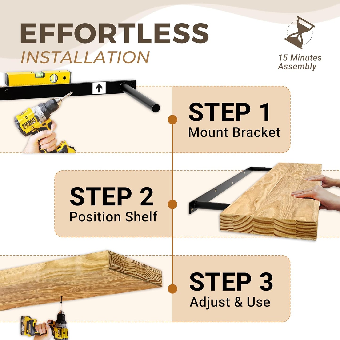 24'' Pine Wood Floating Shelves for Wall- Set of 2 - Rustic Wall Mounted Wooden Shelf for Stylish Home Décor - Natural Color - 24x6.5x1.25 Inches, 2pcs