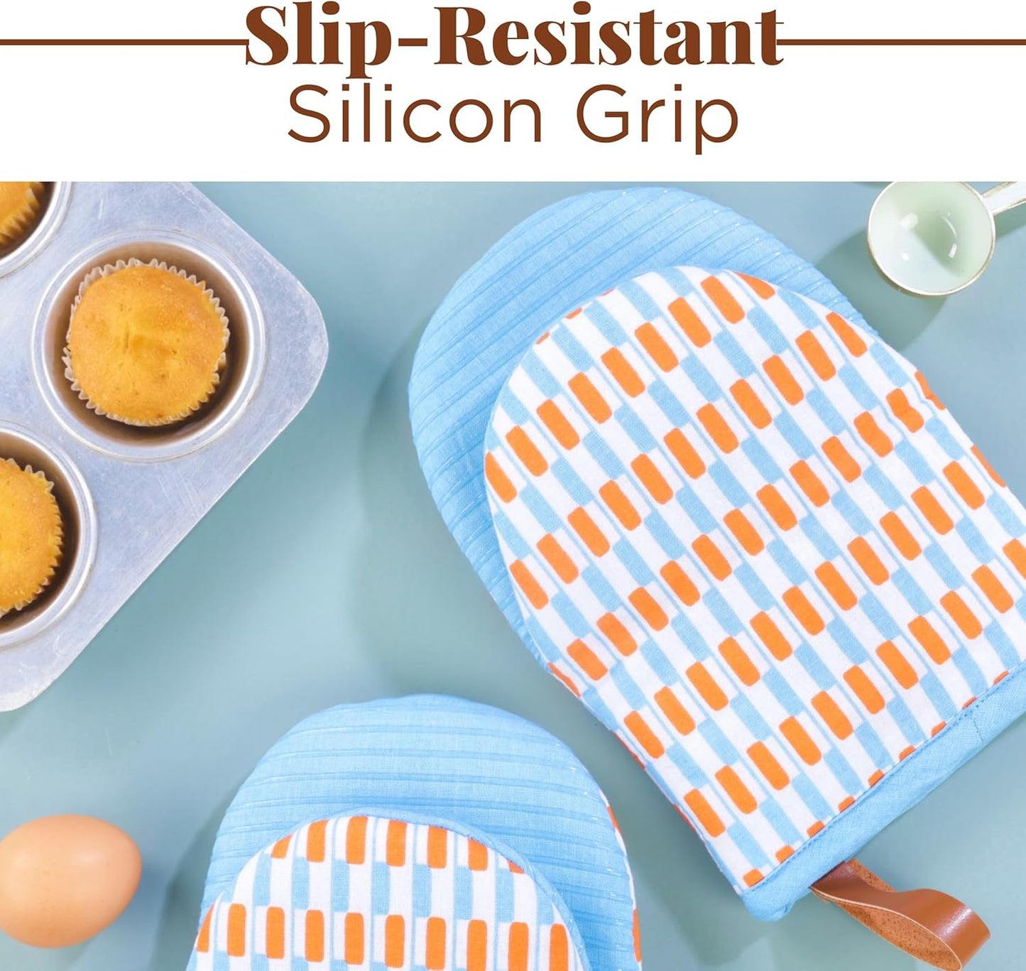 Folkulture Mini Oven Mitts Heat Resistant & Non Slip | (5.75 x 9) Set of 2 Blue Short Oven Mitts with Hanging Loop for Kitchen Decor | 100% Cotton Oven Gloves or Orange Kitchen Mittens Set