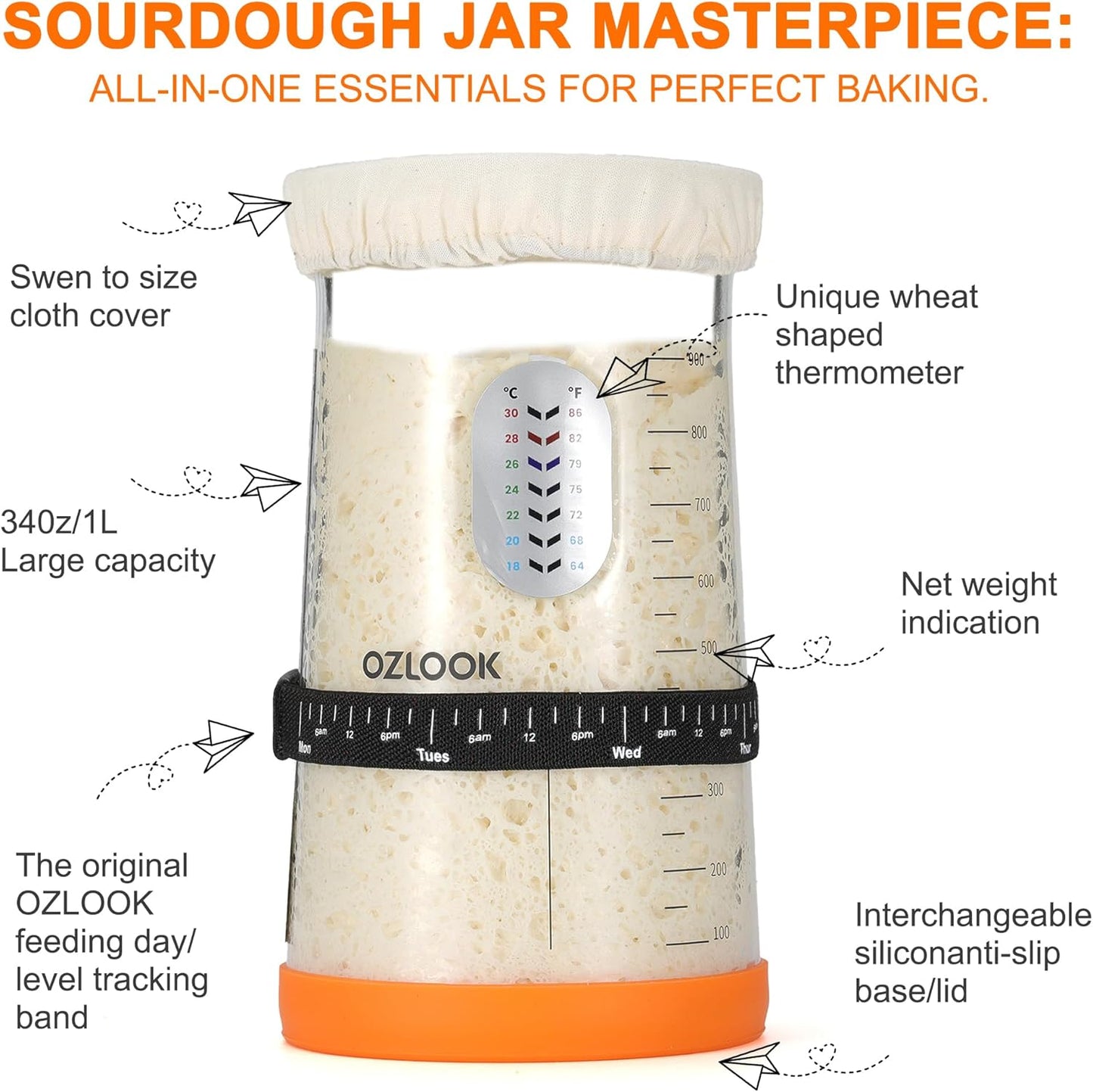 Sourdough Starter Kit,34oz Sourdough Starter Jar,2 X Cotton Rope Banneton Bread Proofing Basket with Bread Lame, Scraper,Sling, Dough Whisk,Perfect Gifts for Bakers Sourdough Bread Baking Supplies