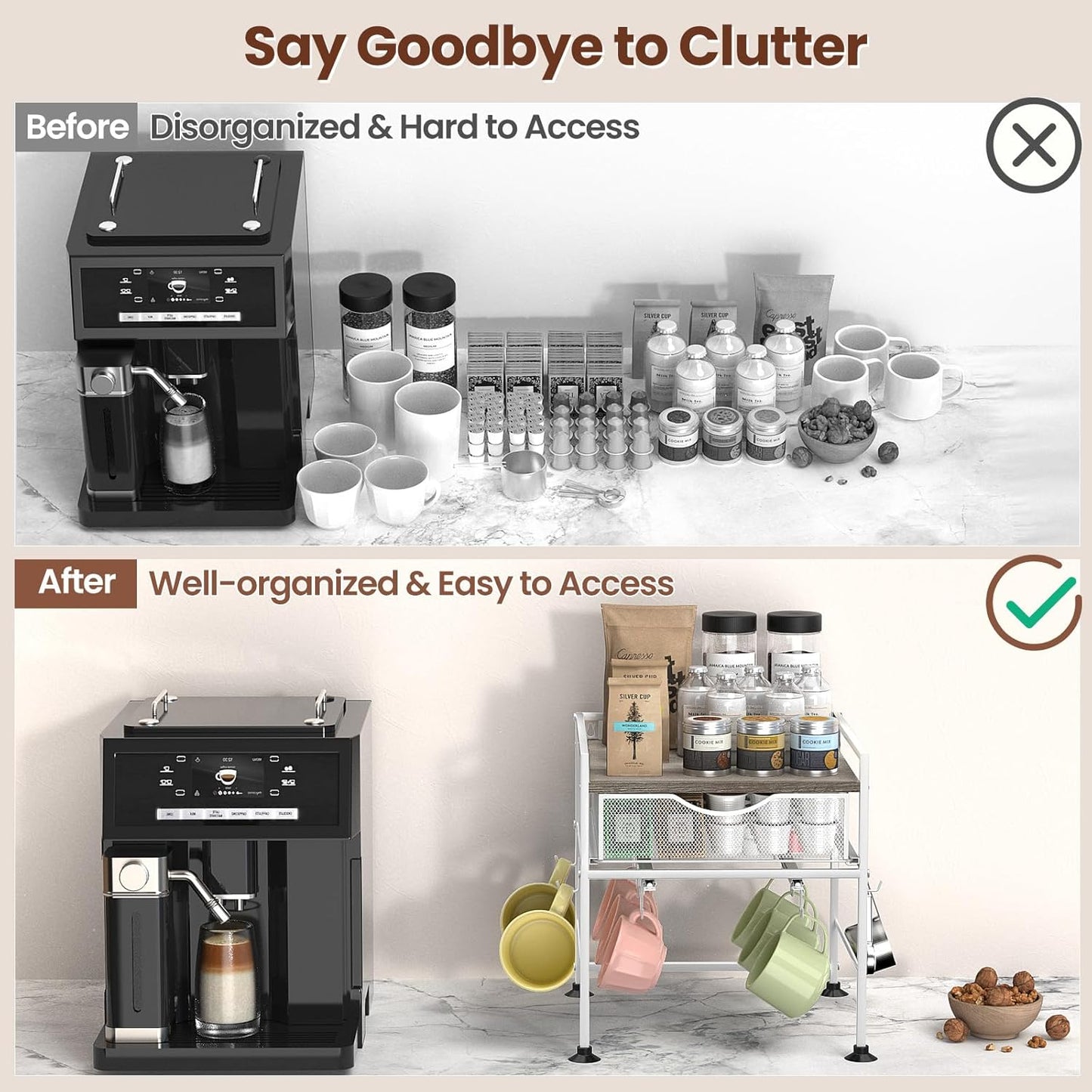 Coffee Bar Organizer Countertop, 2 Tier Mug Cup Holder Stand with 10 Hooks, 60 K Cup Coffee Pod Drawer with Mug Rack, Multifunctional Shelf Organizer for Kitchen, Grey