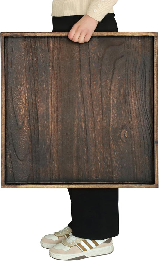 24" Rustic Wooden Serving Tray - Extra Large Square Ottoman Table Tray for Farmhouse Decorative Oversized Coffee Table Trays Living Room Kitchen Counter Breakfast Brown