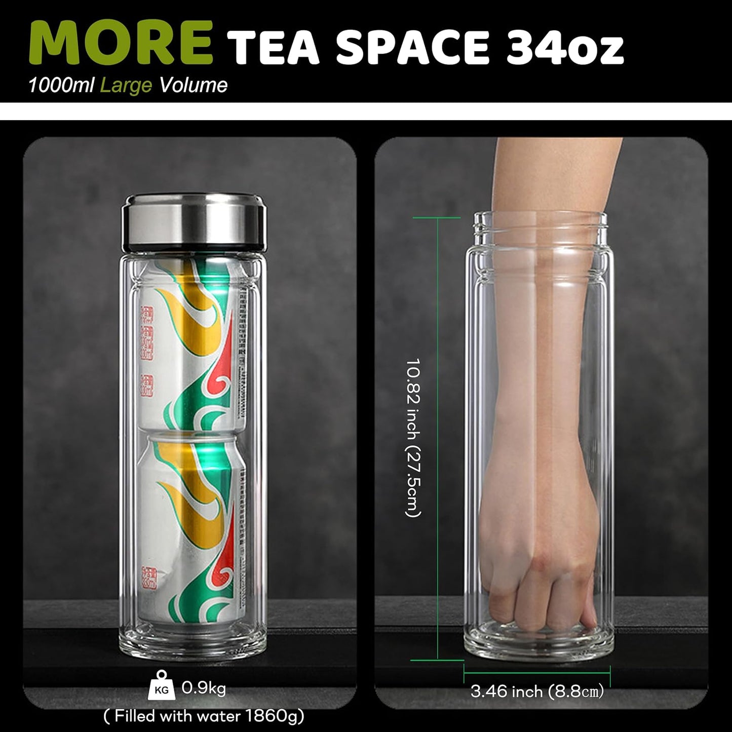 Tea Tumbler with Infuser, 34oz Tea Bottle with 2 in1 Infuser, Large Double Wall Borosilicate Glass Tea Bottle 100% Leak-Proof with Stainless Steel Filter