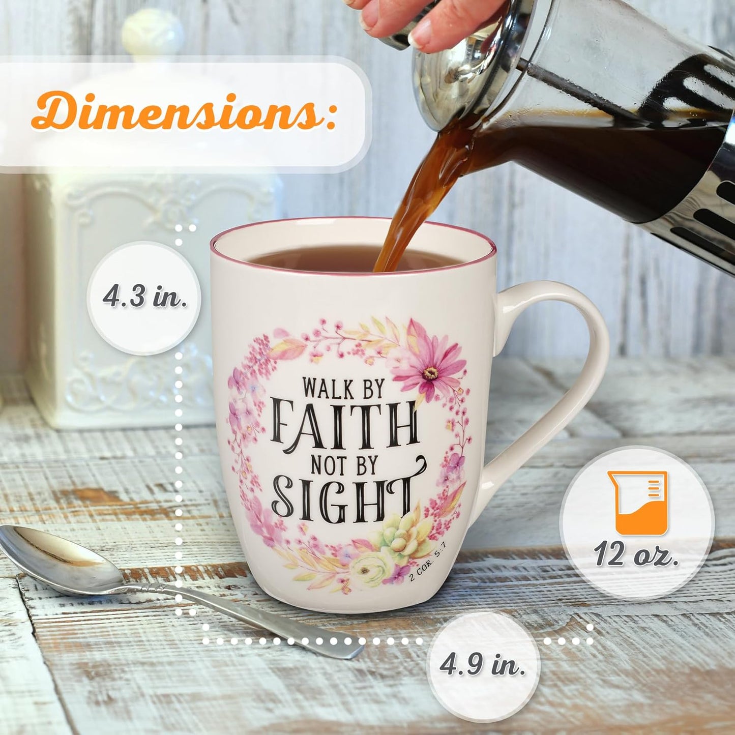 Christian Art Gifts Inspirational Scripture Ceramic Coffee & Tea Mug for Women: Walk by Faith Encouraging Bible Verse Cup, Microwave & Dishwasher Safe, Lead-free, White & Pink Floral Wreath, 12 oz.
