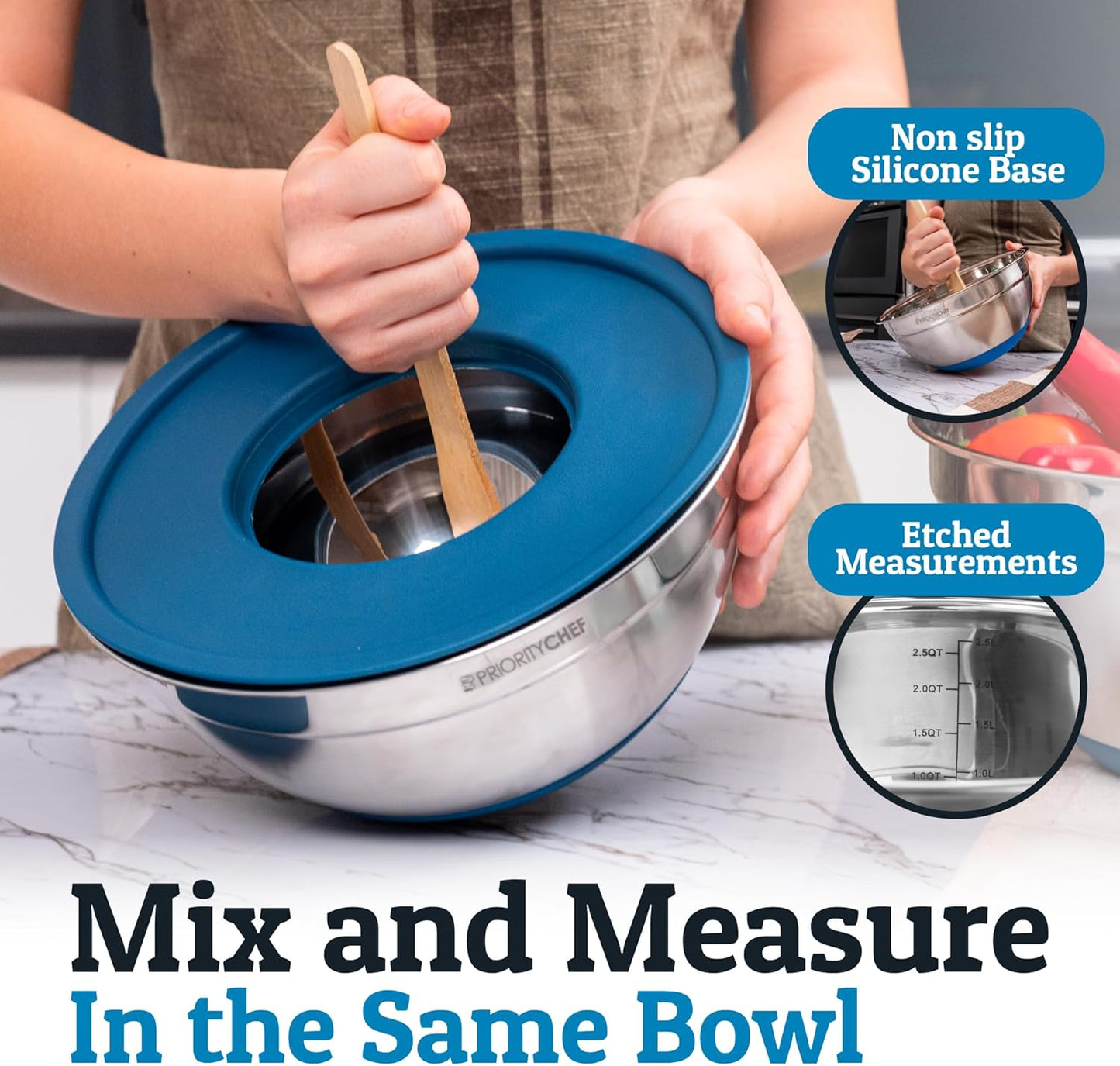 Priority Chef Stainless Steel Mixing Bowls with Lids Set - Premium 30Pcs with 6pc Metal Bowl Set for Kitchen, 3 Graters, Airtight Lids, Non-Slip Bases & Silicone Utensils, Blue