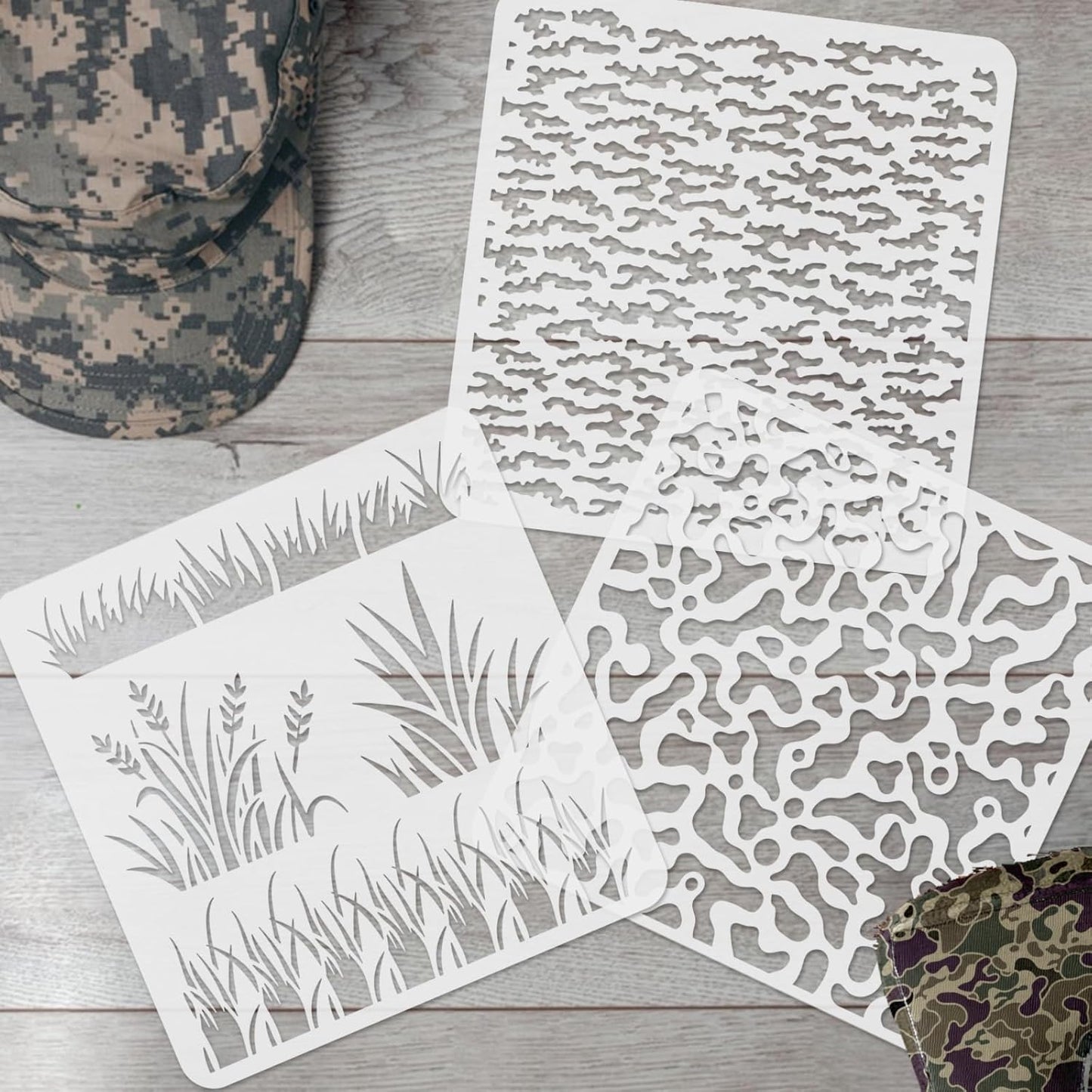 12PCS Camo Stencils for Spray Paint 12 x 12 Inch Camouflage Pattern Stencils with Brushes Grass Pattern Stencil Reusable Camo Stencil for Painting Wood Boat DIY Crafts Spray Painta