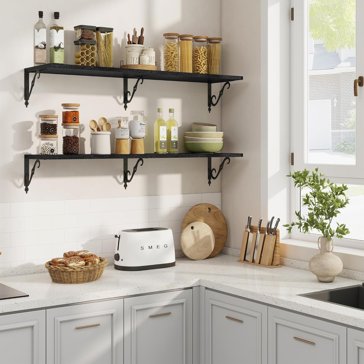 RICHFOCUS 12 Inch Deep Floating Shelves for Wall, 48" W x 12" D Black Wood Wall Shelves Set of 2, Wide Floating Shelves for Living Room, Bedroom, Kitchen, Bathroom and Decor Storage, Black