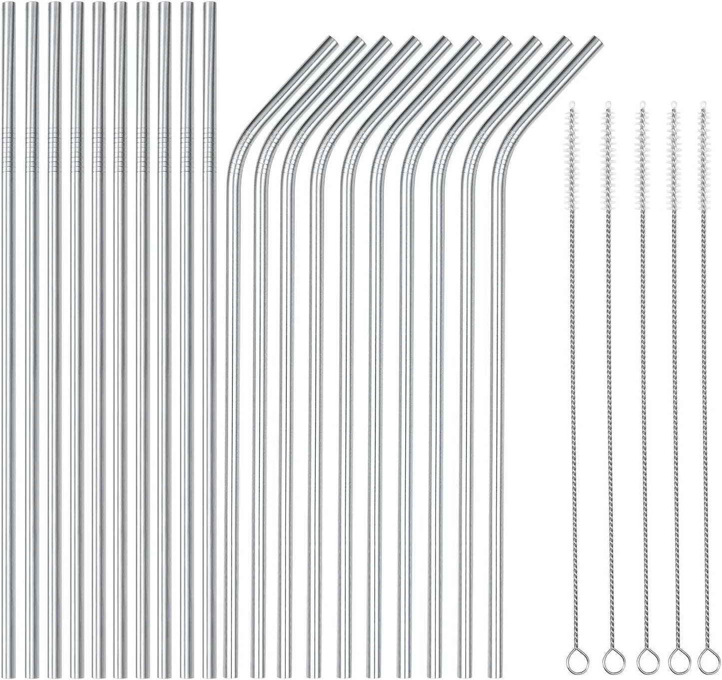 wholesale 25 Piece Set Stainless Steel Straws Long 8.5 Inch Drinking Metal Straws Reusable Drinking Straws for 20 OZ (10 Straight | 10 Bent | 5 Brushes)