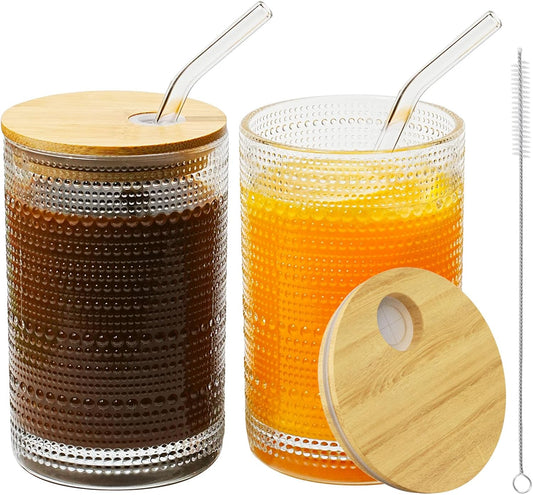 15 Oz Glass Cups with Lids and Straws, Vintage Embossed Glassware for Whiskey Cocktail Beer, Iced Coffee Cup with Lid (2 PACK)