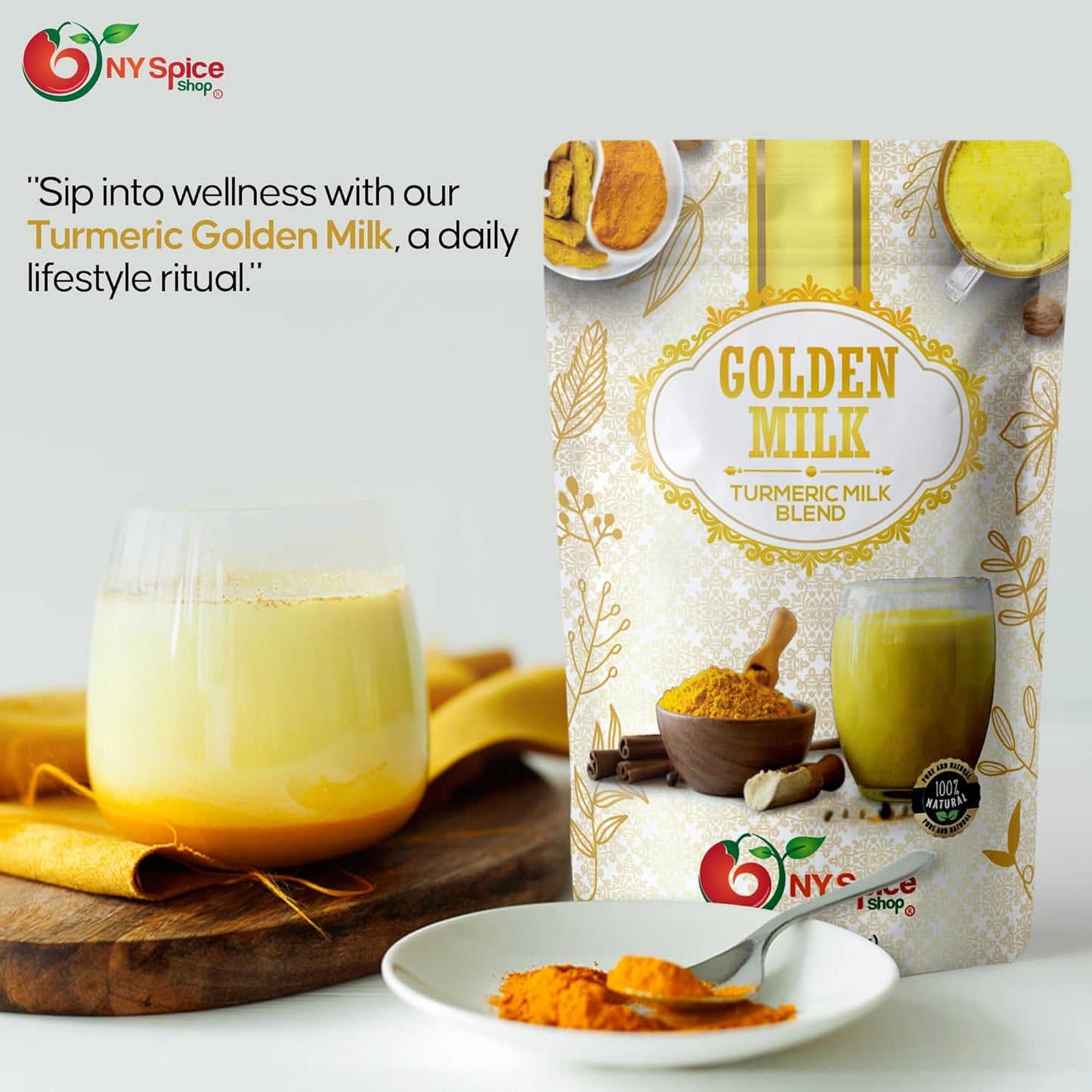 NY SPICE SHOP Golden Milk Superfood Powder – 4 Oz (Ounce) Instant Latte Mix Superfood with Turmeric - Superfood Blend of Turmeric, Cinnamon, Ginger, Black Pepper, Nutmeg, Green Cardamom