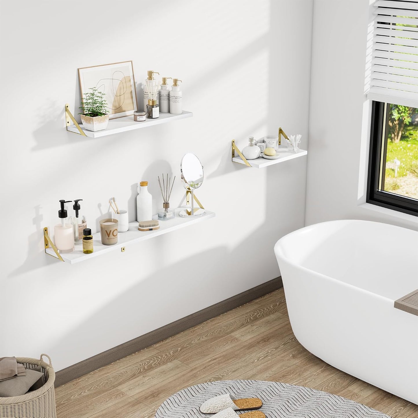 Dreamland White and Gold Shelf, 48W x 8D Wall Mounted Shelves Set of 2, Wide Display Ledge Shelf with Sturdy Metal Brackets for Living Room, Bathroom, Bedroom and Kitchen, White with Gold Brackets