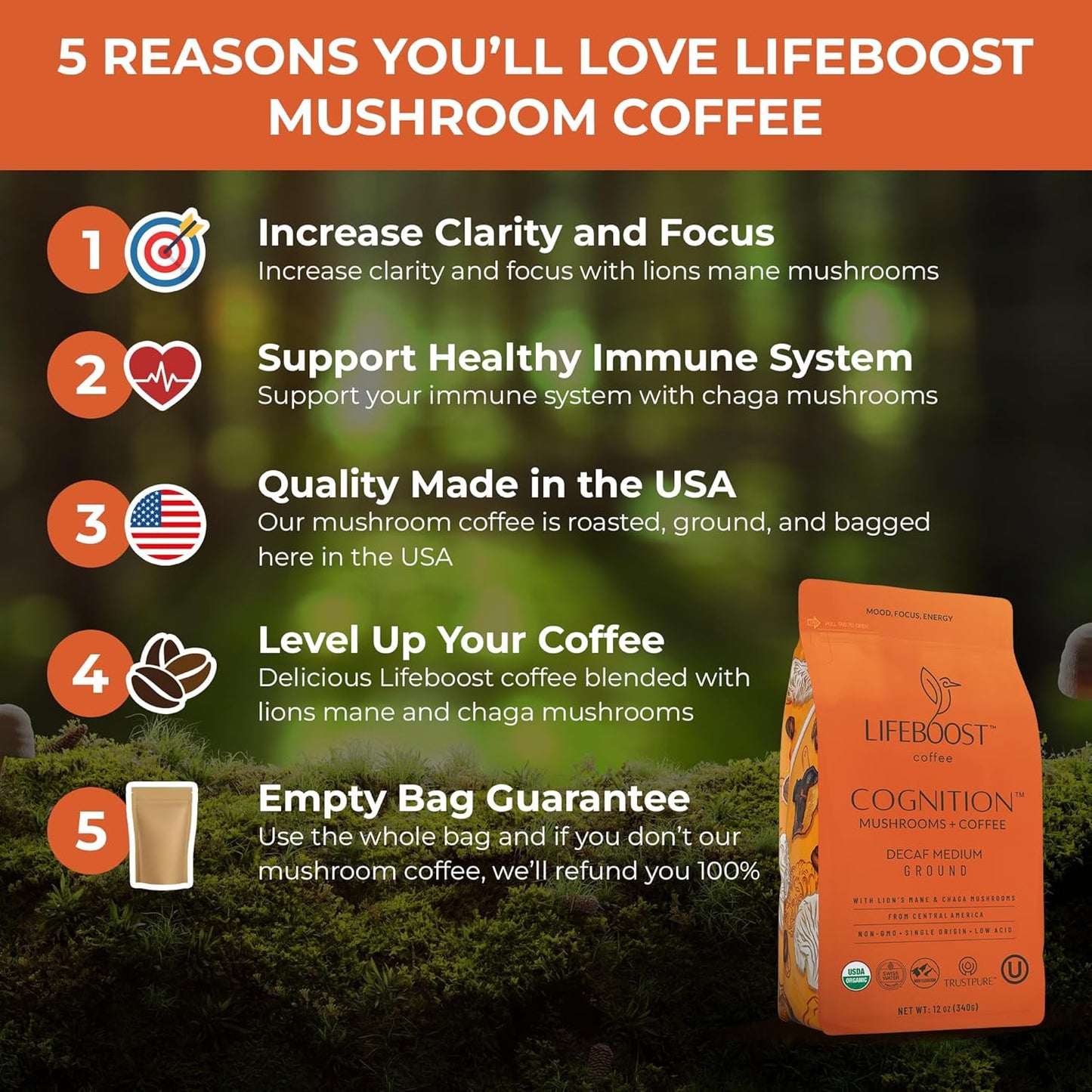 Lifeboost Cognition Decaf Mushroom Coffee - Low Acid Decaf Medium Organic Coffee with Lions Mane & Chaga Mushrooms - Increase Energy, Boost Focus & Immune Support - 12 oz Bag - Ground