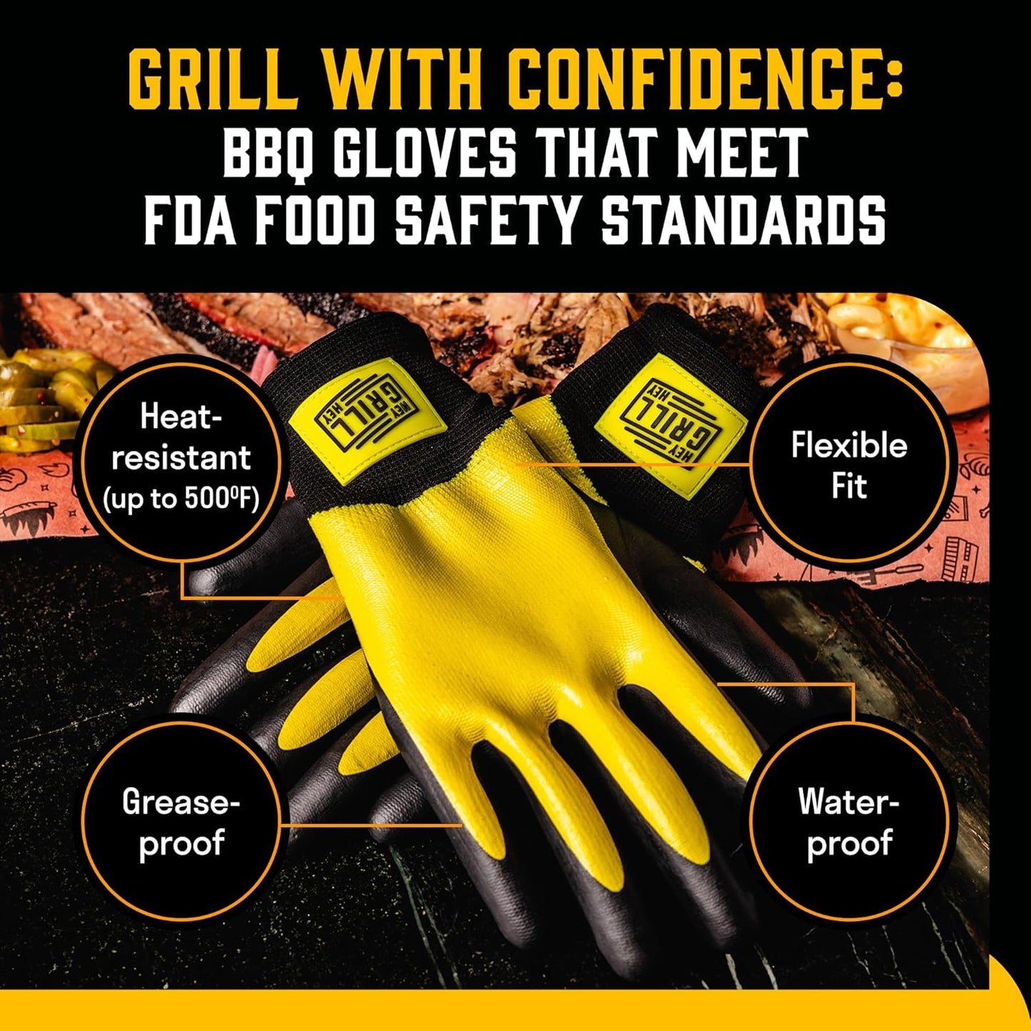 Hey Grill Hey Pitmaster Gloves | BBQ Gloves | Heat Protection up to 500°F or 260°C | High Temp Resistance | Fireproof Glove for Grilling Smoking Barbecue | Washable Mitts | Waterproof | Size - Large