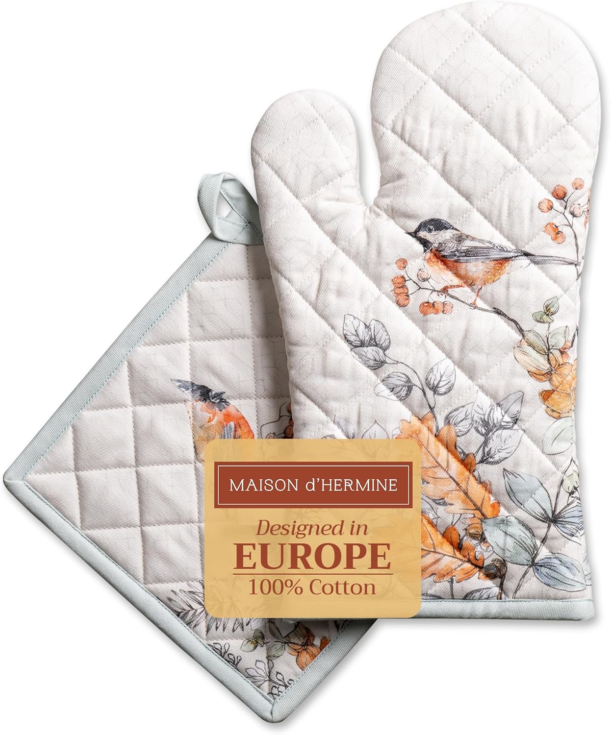 Maison d' Hermine 100% Cotton Oven Mitt & Pot Holder Set (7.5"x13" & 8"x8") Heat Resistant BBQ Cooking Gloves with Loop, Baking, Grilling, Kitchen, Handling Hot Pans (Whitish Shabby Chique)