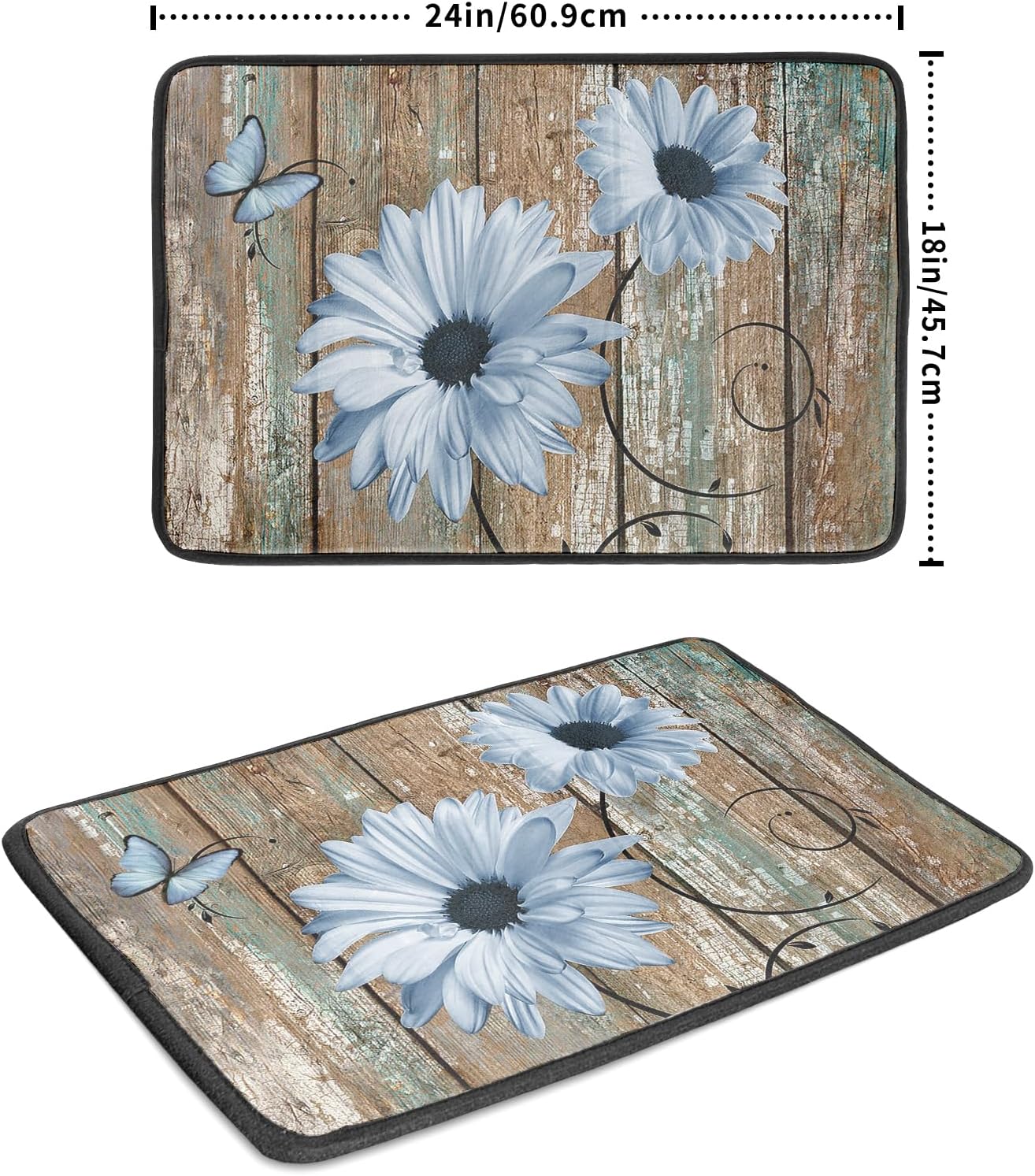 Rustic Daisy Dish Drying Mat for Kitchen Countertop 18x24 inch Blue Sunflowers on Wooden Board Dish Drainer Mats Fast Drying Country Vintage Style Shabby Chic Flower Dish Drying Pad Decor Large