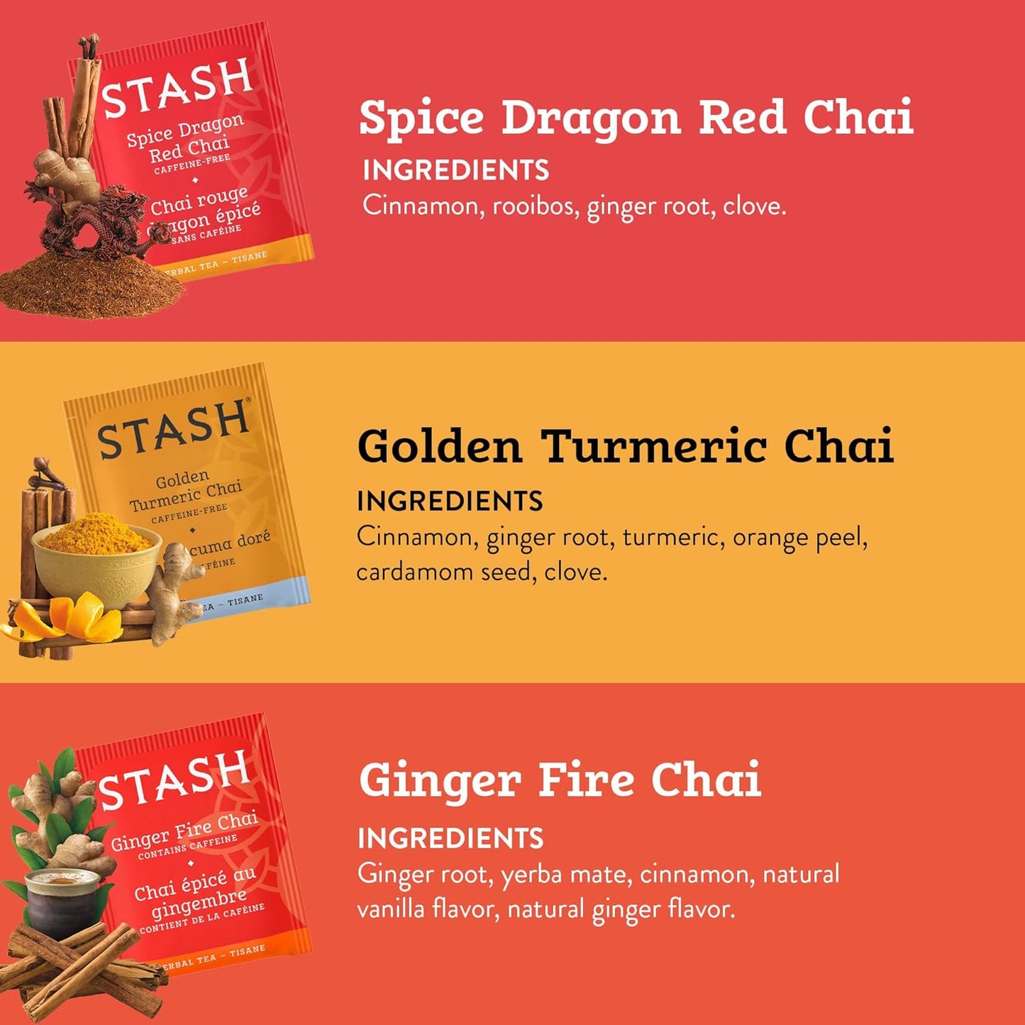 Stash Tea Chai Tea Variety Pack Sampler Assortment - Caffeinated, Non-GMO Project Verified Premium Tea with No Artificial Ingredients, 18-20 Count (Pack of 6)