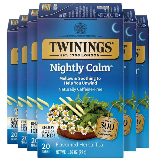 Twinings Nightly Calm Herbal Tea Individually Wrapped Bags, 20 Count (Pack of 6), Spearmint & Lemongrass, Naturally Caffeine-Free, Enjoy Hot or Iced, 120 Teabags