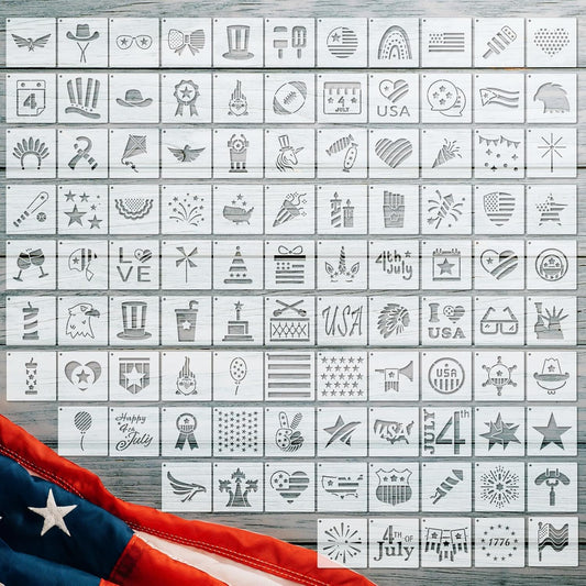 100 Pcs Stencils for Painting on Wood Reusable Stencil Crafts Drawing Templates Holiday Stencils Wall Paper Stencil Set for DIY Art Scrapbook Home Decor 2 x 2 Inch (Patriotic Style)