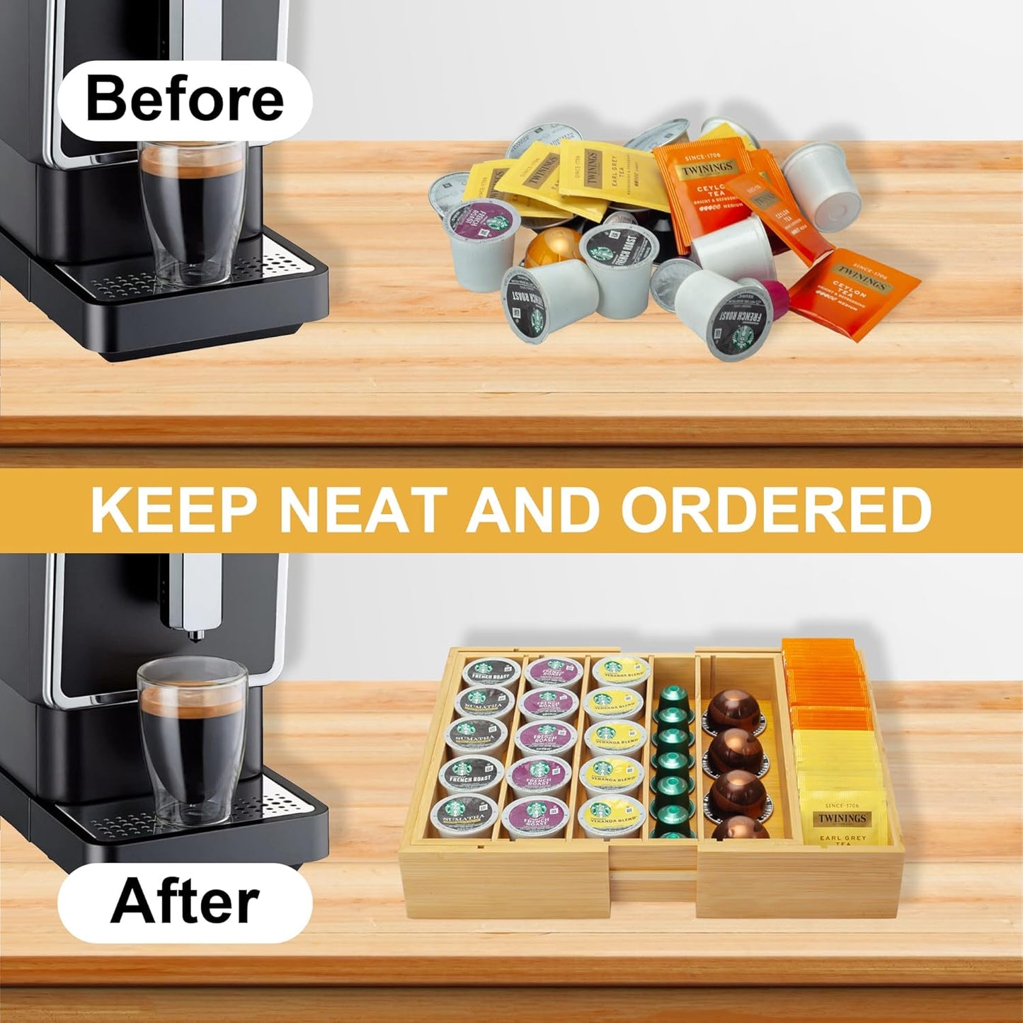 MinBoo Bamboo K Cup Holder for Drawer or Countertop Coffee Pod Holder Expandable K Cup Pod Storage Tea bag organizer K Cup Storage for Coffee Station Home Office and Kitchen