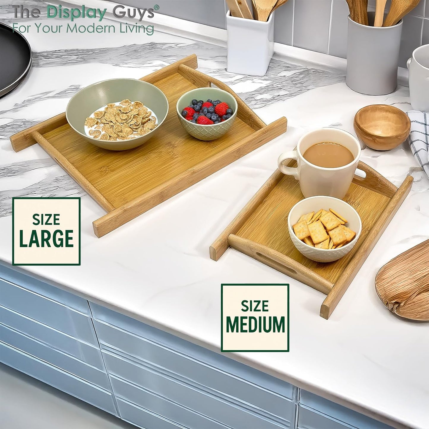 Natural Bamboo Serving Tray w/Handles (Small) - Decorative Platter for Food, Breakfast, Wooden Coffee Table, Ottoman, Couch, Picnic by The Display Guys