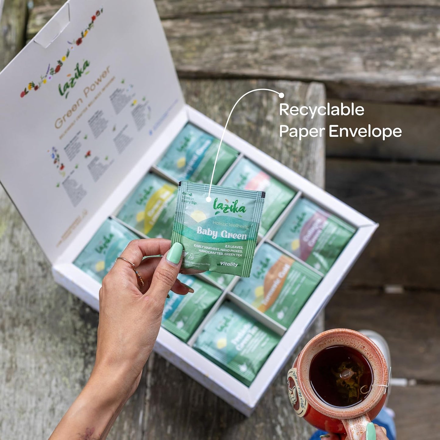 Lazika Green Tea Variety Pack with Lovely Presentation Box, 54 Counts, Green Tea Assortment Gift Set, Premium Collection with Pyramid Infuser Bag, Early Harvest, Handcrafted