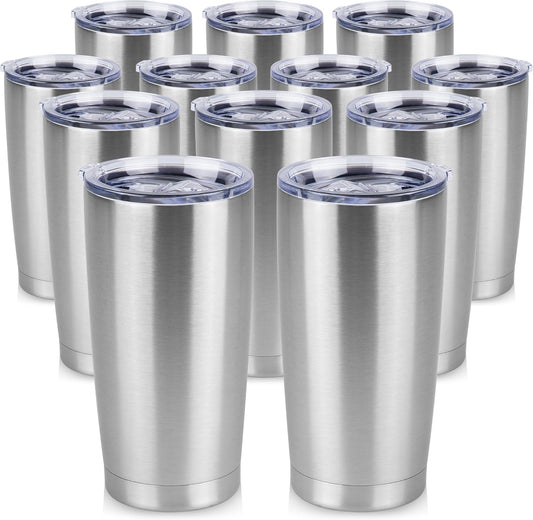 20 oz Tumbler Stainless Steel Tumblers Bulk with Lid Double Wall Insulated Coffee Tumbler Cups for Hot & Cold Drinks Powder Coated Travel Coffee Tumbler Mug Metal (Stainless Steel, 12 pack)