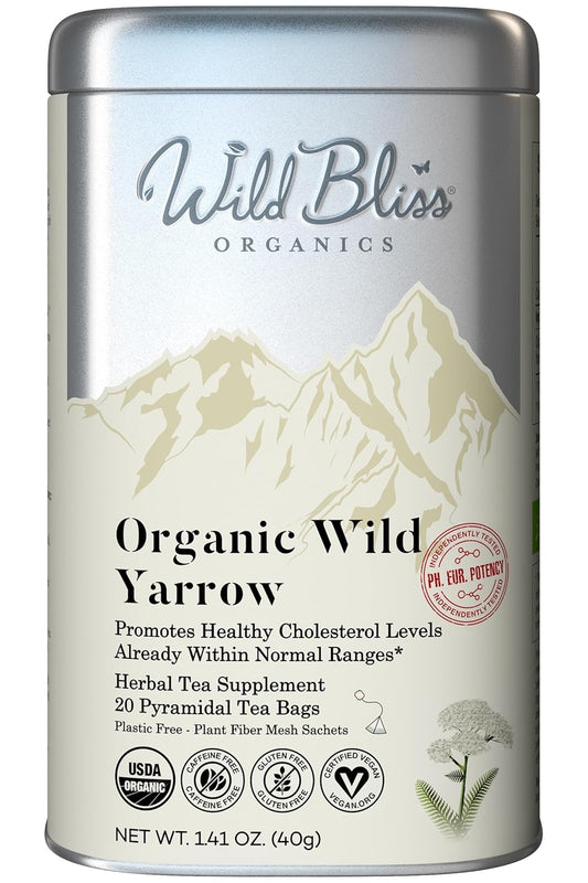 Wild Bliss Organic Yarrow Tea - Caffeine Free Herbal Tisane - Pharmacopoeia Potency - 20 Plant Based Tea Bags