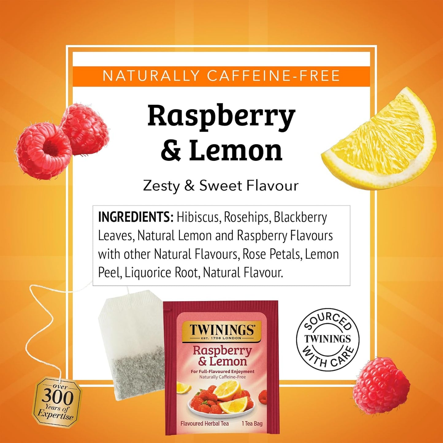 Twinings Raspberry & Lemon Herbal Tea Individually Wrapped Bags, 20 Count (Pack of 1), Unsweetened, Refreshing & Fruity, Naturally Caffeine-Free, Enjoy Hot or Iced, 20 Teabags