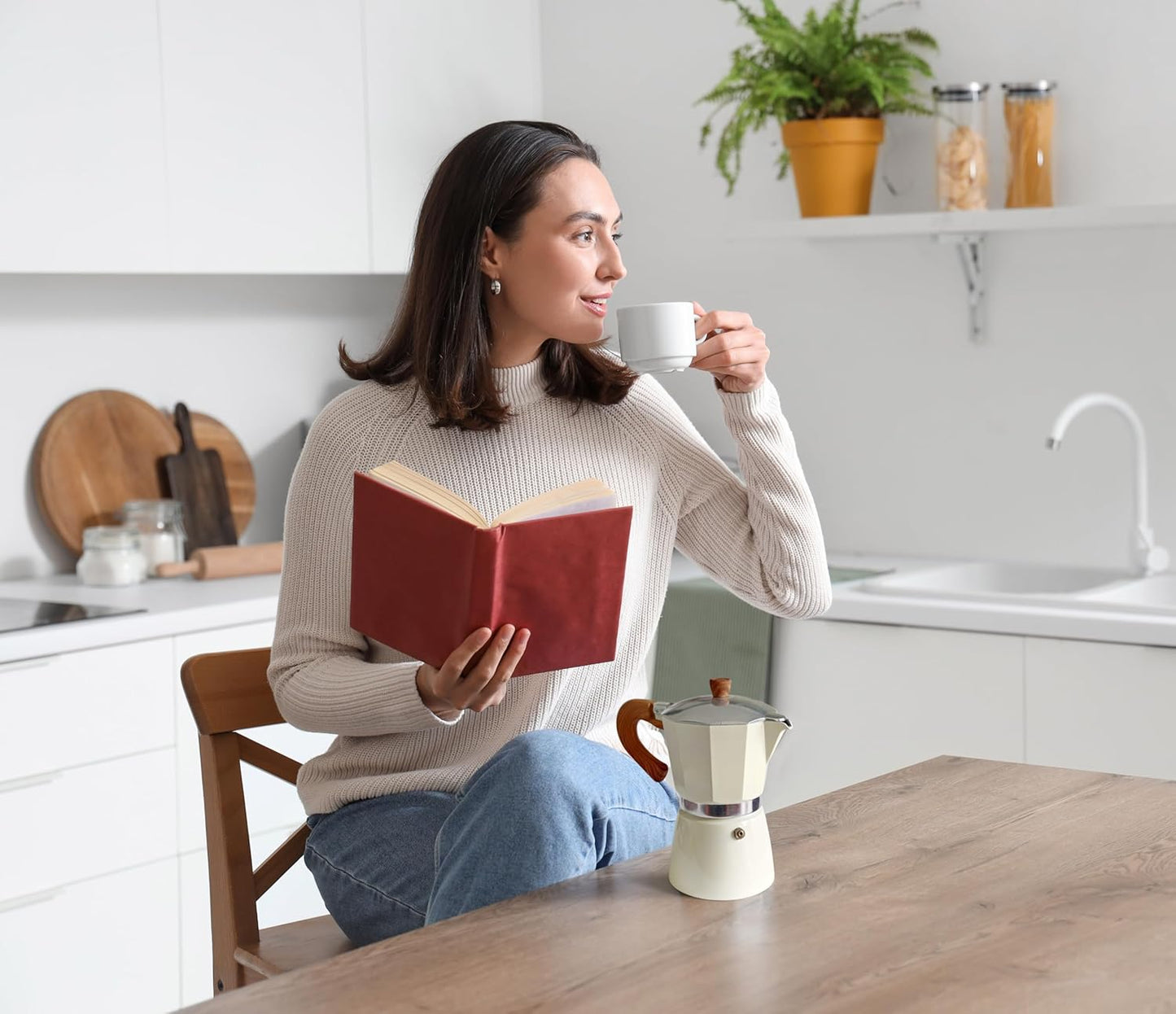 AGOGO Milano Moka pot, Stovetop Espresso maker, Greca Coffee Maker, Stovetop coffee maker and espresso maker percolator With Paper Filter 6 Cup Cream