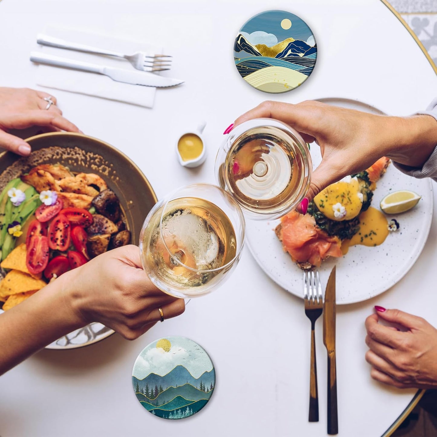 6 Pcs Coasters for Drinks with Holder, Abstract Mountain Sun Absorbent Ceramic Coasters with Cork Base,Cute Funny Table Drinks Coasters Tabletop Protection Mat,Table Home Decor,4 Inches