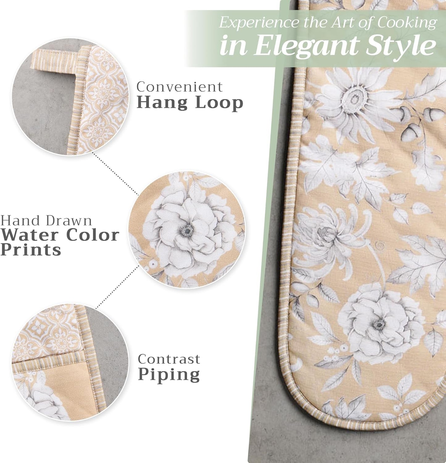 Maison d' Hermine Double Oven Mitts 100% Cotton 7"x35" Double Oven Mitt Heat Resistant BBQ Cooking Gloves with Loop, Baking, Grilling, Home, Kitchen, Handling Hot Pans (Pretty Autumn)