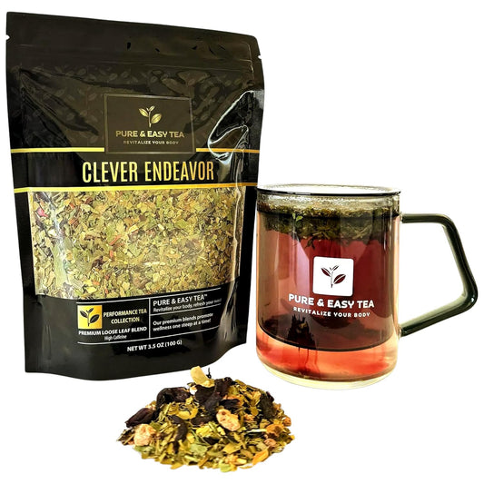 Pure And Easy Tea, Clever Endeavor, Natural Focus & Mental Clarity Tea, Caffeinated Loose Leaf Blend with Ginkgo Biloba & Yerba Mate, 30-Day Supply, 100g
