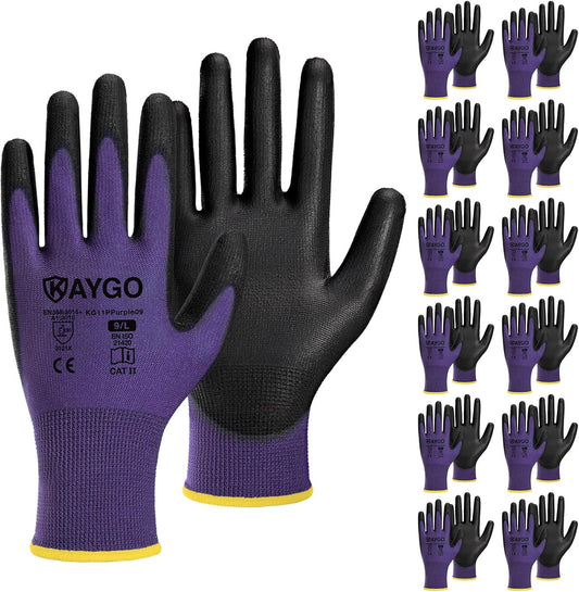 KAYGO Safety Work Gloves PU Coated,12 Pairs KG11PB Seamless Knit Glove for Men and Women, with Smooth Grip on Palm and Fingers, Ideal for General Duty Work (L, Purple)