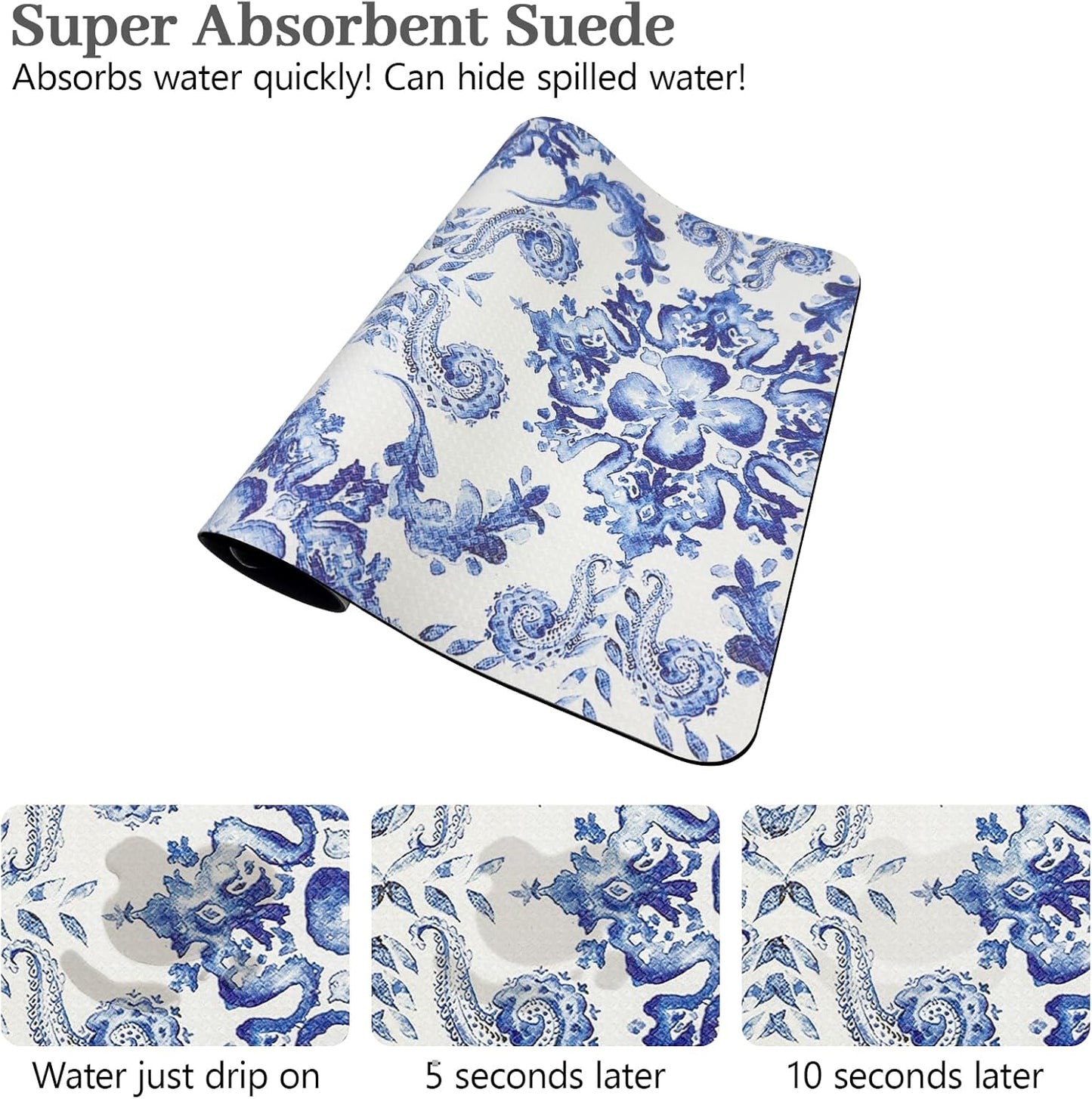 Bloss Dish Drying Mat, 12.2"x19.7" Absorbent Coffee Bar Mat with Waterproof Rubber Back, Fit Under Coffee Maker Machine/Kitchen Counter(Ink Cyan Flower)