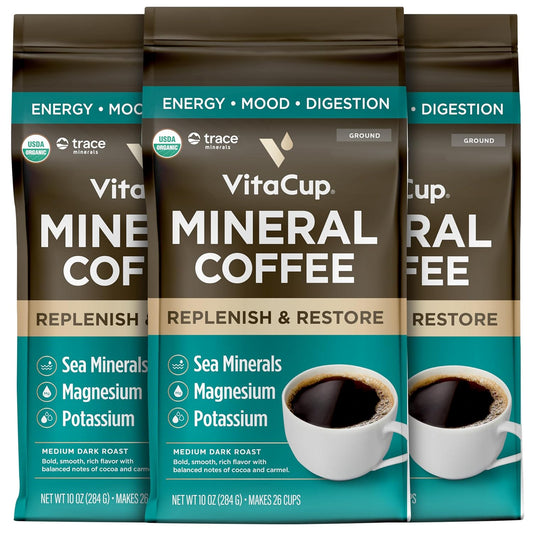 VitaCup Mineral Coffee with Trace Minerals, Hydrate, Replenish & Restore w/All Natural Sea Minerals, Electrolytes, Organic Coffee, Single Origin, Medium Dark Roast, Ground Coffee, 3 Bags 10oz Each