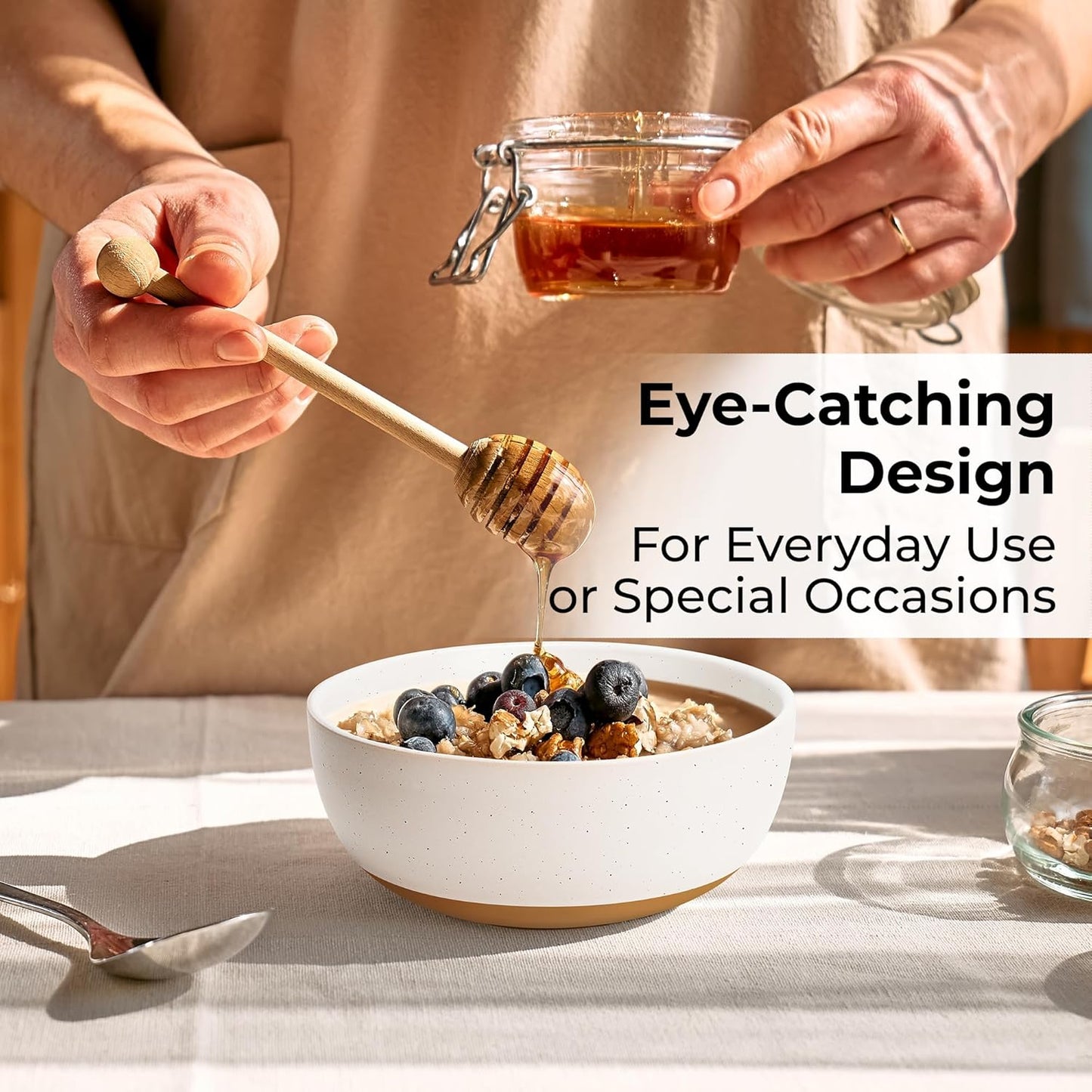 MIAMIO – Set of 4, 28 Ounce Ceramic Soup Bowls/Cereal Bowl Set for Salad, Oatmeal, Fruit, Rice – Dishwasher & Microwave Safe – Aura Collection (Creamy Cocoa, Bowls (4x))