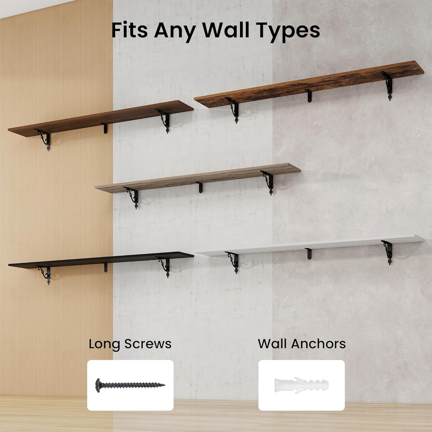 RICHFOCUS Floating Shelves for Wall Decor, 55.1W x 8D Wall Shelves Set of 2, 8 Inch Deep Rustic Wood Shelves Wall Mounted with Brackets, Long Floating Shelves for Living Room Bedroom Kitchen, Black