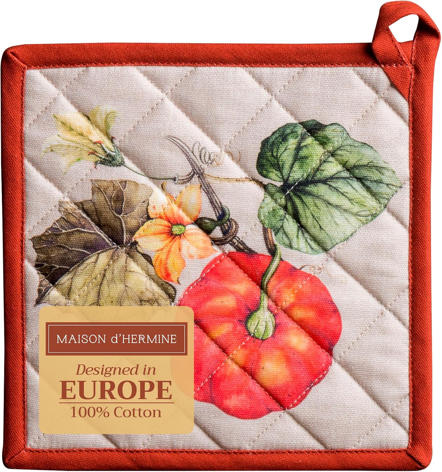 Maison d' Hermine Pot Holders 100% Cotton Heat Resistant Potholders 8" x 8" Hot Pads with Loop BBQ, Cooking, Baking, Grilling, Kitchen, Handling Hot Pans (Pack of 1, Potiron)