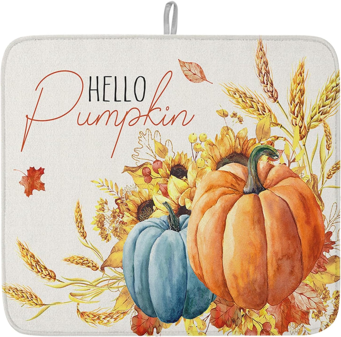 Fall Dish Drying Mat for Kitchen Counter Hello Pumpkin Drying Pad Absorbent Drying Mats for Countertops Sinks Draining Racks Sunflower Ears of Wheat Drainer Holiday Harvest Thanksgiving Decor 18x24