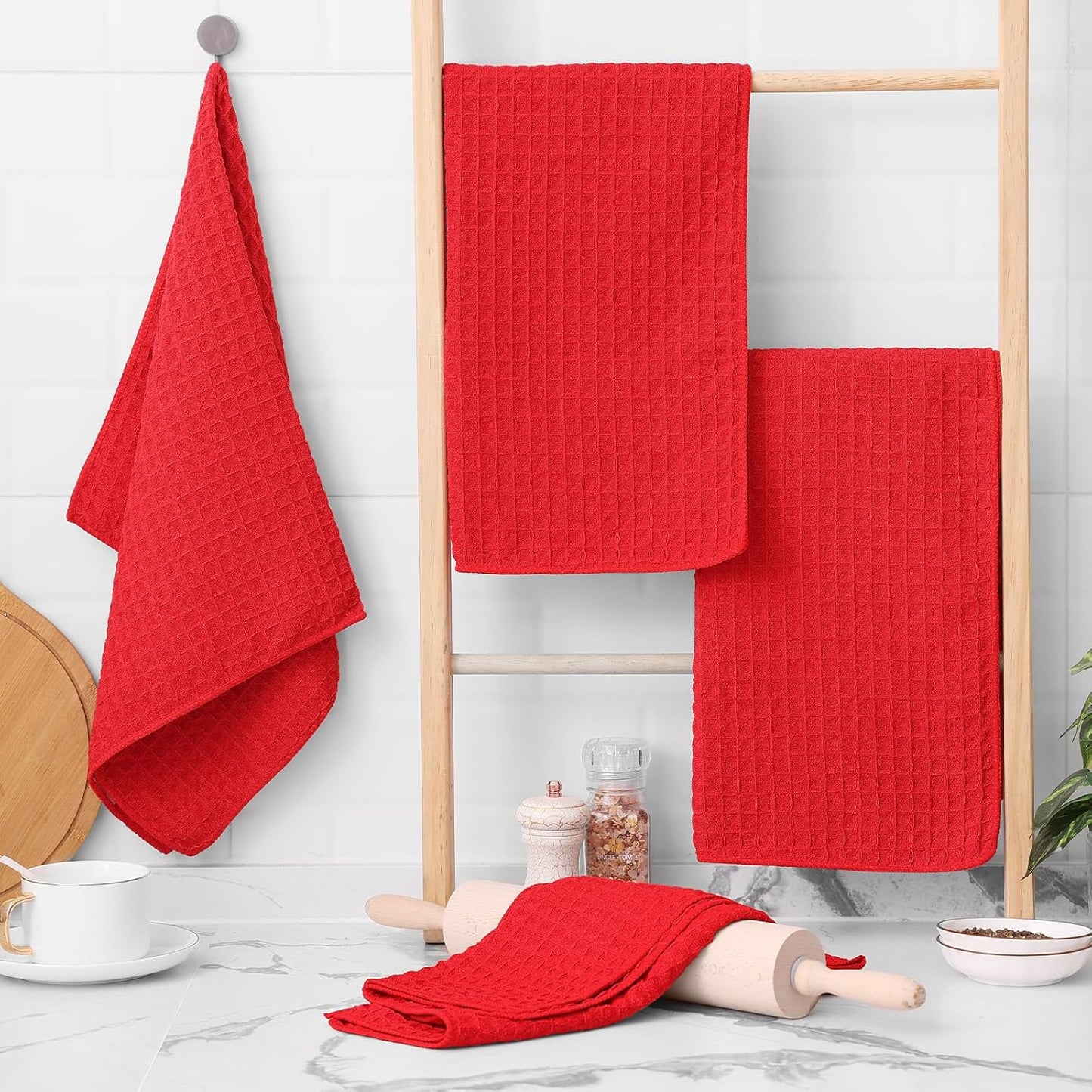 Homaxy Microfiber Waffle Weave Kitchen Towels, 16 x 28 Inch Ultra Absorbent and Solid Color Dish Towels, 6 Pack, Red