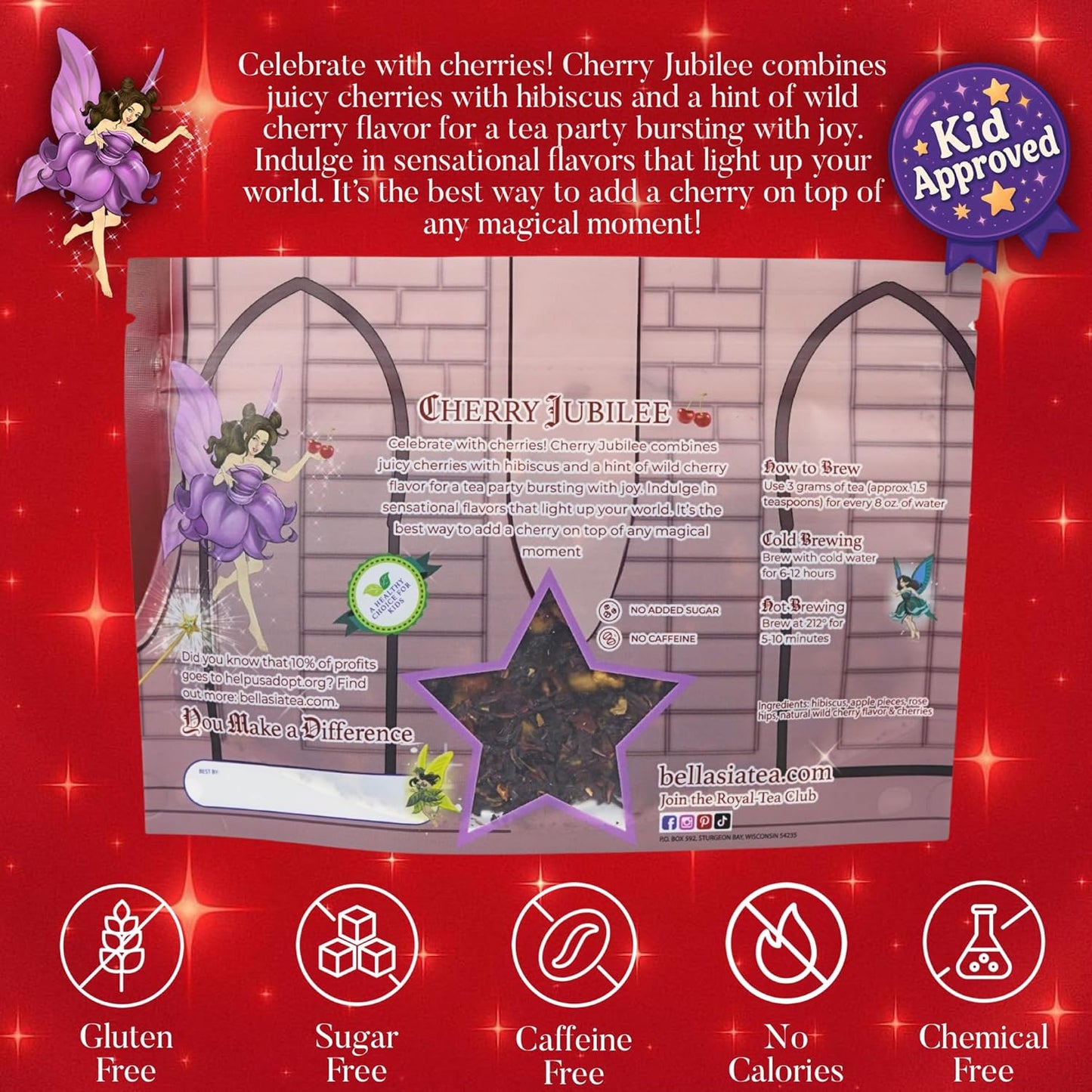 Bellasia Tea Cherry Jubilee for Kids Using Real Fruit Pieces - Caffeine Free Herbal Tea with Real Ingredients & Balanced Flavor- Add Loose Leaf Tea to Your Child’s Routine for A Fun & Tasty Drink. 20-25 Cups