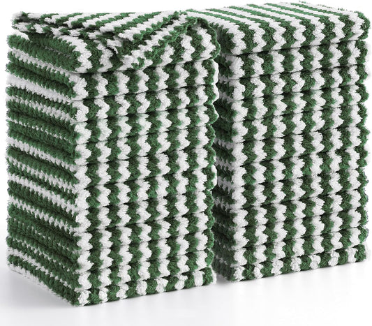 Homaxy 24 Pack Kitchen Dish Cloths, Ultra Soft and Absorbent Dish Towels, Reusable Fast Drying Microfiber Cleaning Cloth, Coral Velvet Wave Design No-lint, 10 x 10 inches, Grass Green