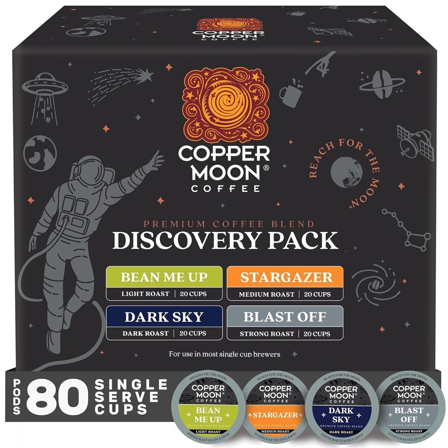 Copper Moon Single Serve Coffee Pods for Keurig K-Cup Brewers, Light, Medium & Dark Roast, Discovery Variety Pack, 80 Count