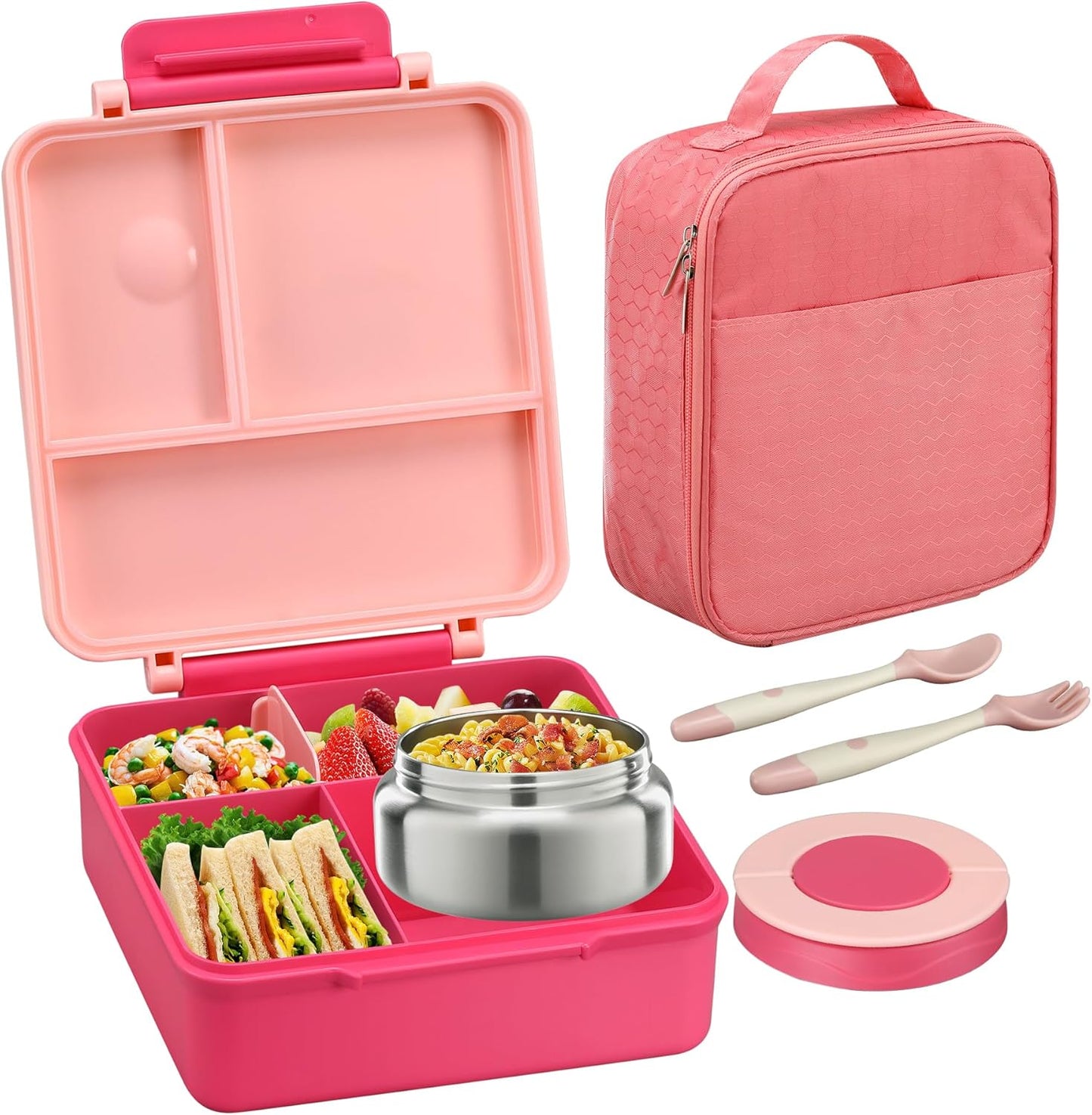 Bento Lunch Box for Kids with 8oz Soup Thermo&Lunch Bag, Leak-Proof Lunch Food Containers with 4 Compartment, Hot Food Insulated Food Jar for Kids School (Pink)