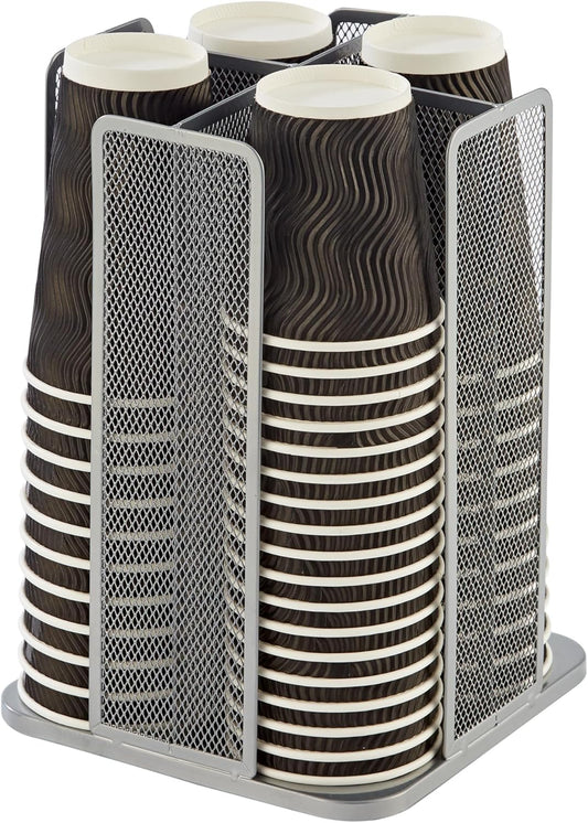 Annova Paper/Plastic Cup and Lid Holder Plastic Storage Organizer, 360°Rotating Coffee Mup Dispenser with 4 Compartments, Multifunctional Storage Rack for Home, Office, Bar, Coffee Shop (Silver)