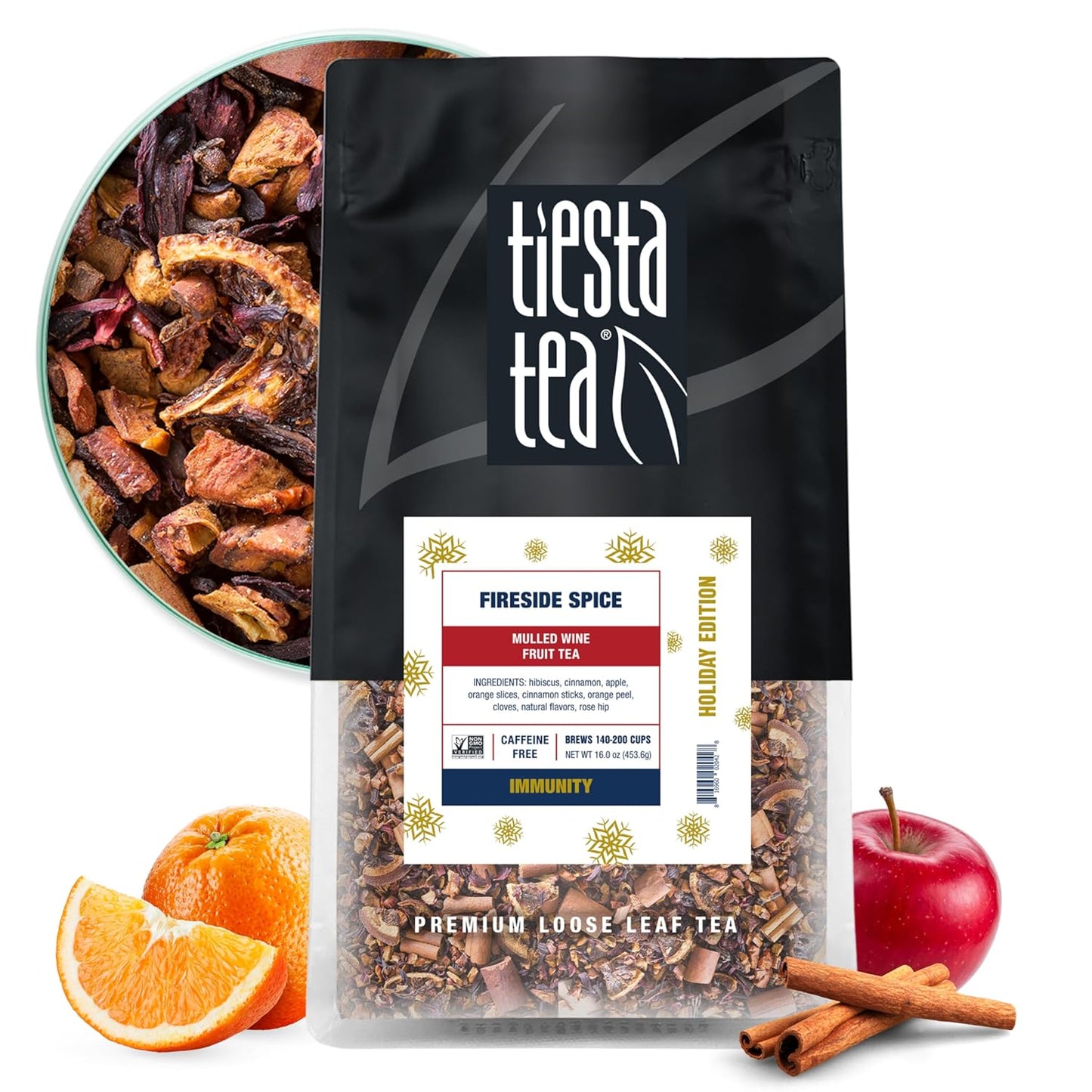 Tiesta Tea - Fireside Spice, Mulled Wine Herbal tea, Premium Loose Leaf Tea Blend, Non Caffeinated Holiday Teas, Make Hot or Iced & Brews Up to 200 Cups - 16 Ounce Resealable Bulk Pouch
