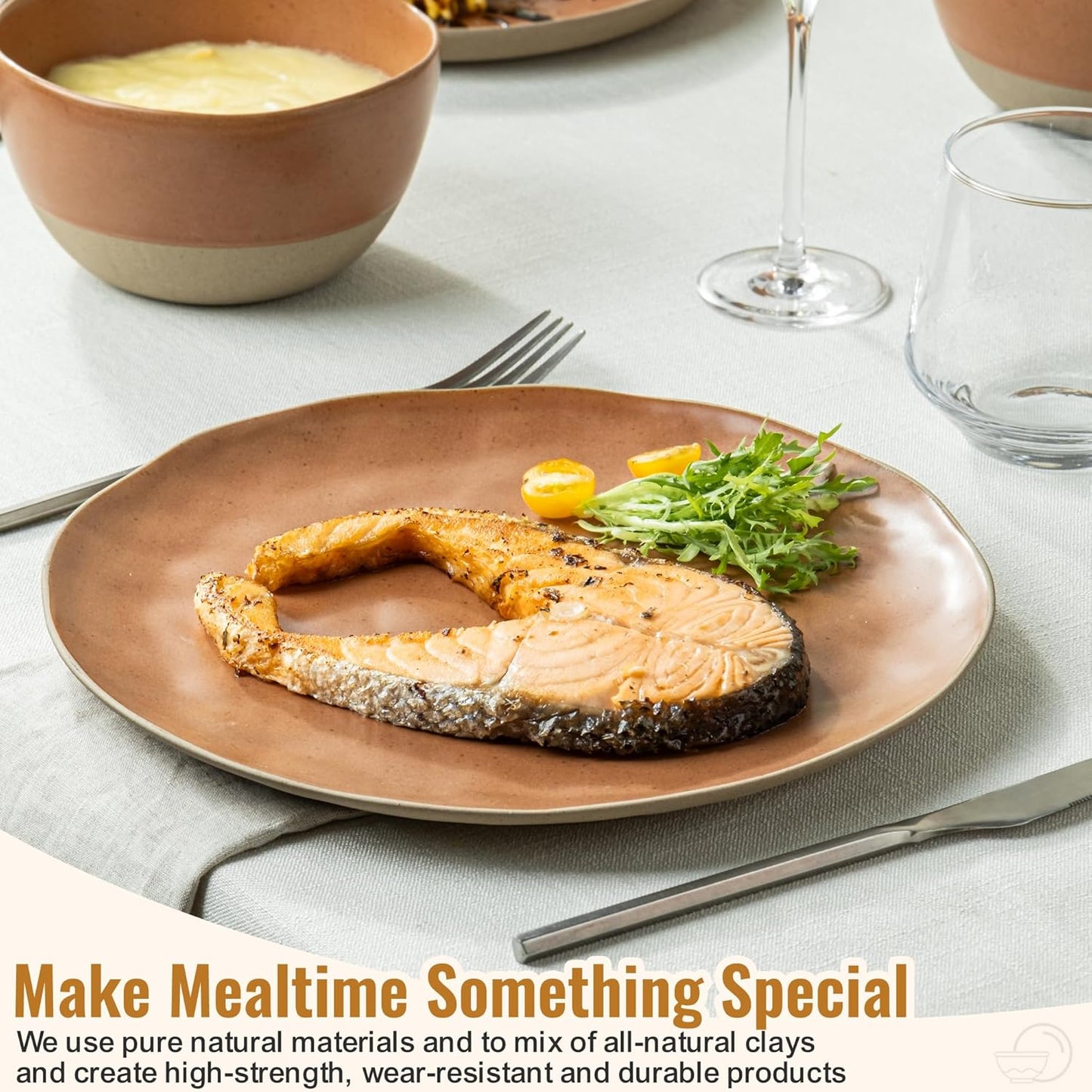 12 Pieces Dinnerware Sets,Plates and Bowls Sets, Handmade Reactive Glaze Dishes Set for 4 with at Least 10% Recycled Ceramic(Brownish Red)