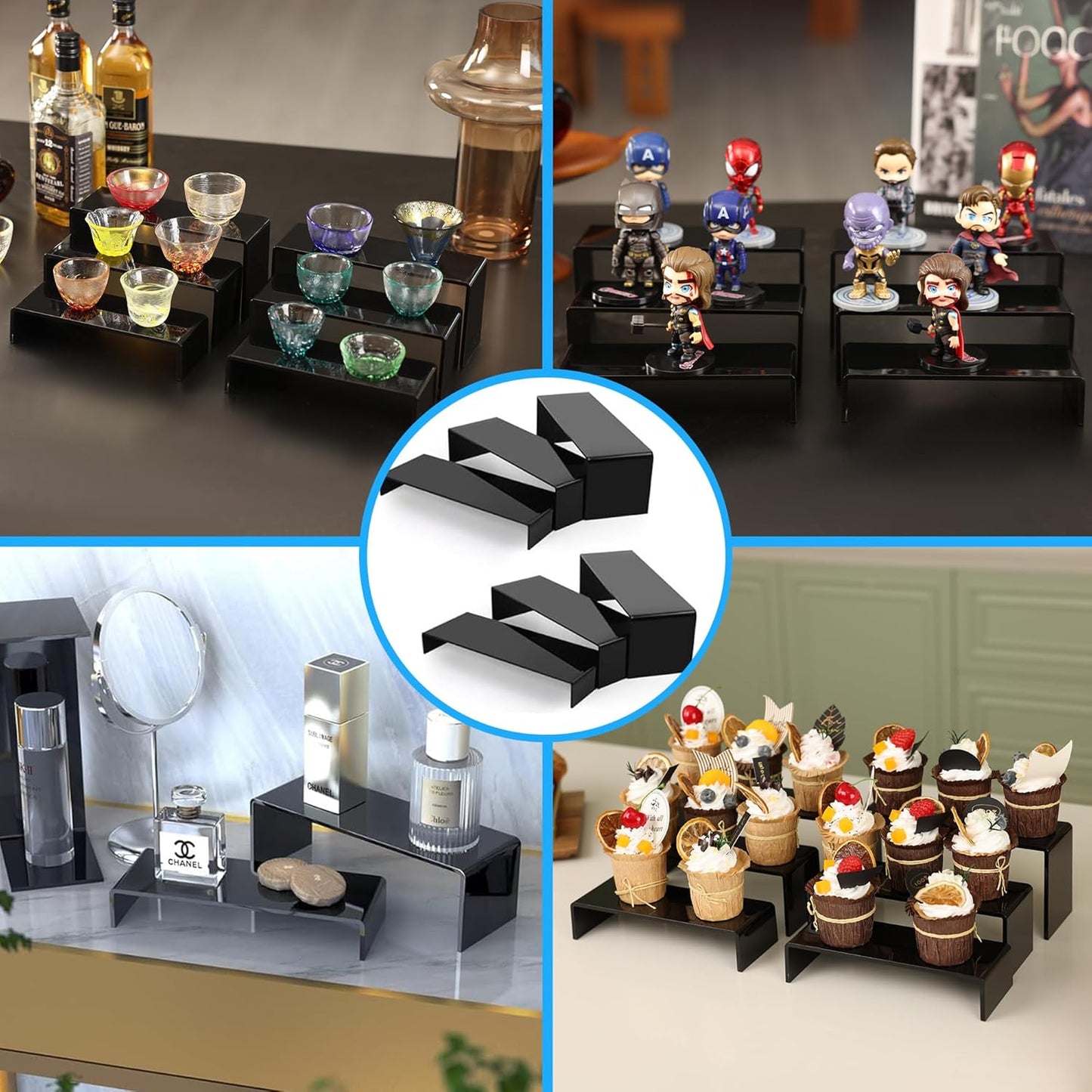 Goabroa Black Acrylic Display Risers, 3 Tiers 2 Set (6 Pcs) Acrylic Shelves Organizer Display Stand, Conutertop Desktop Stands for Decoration and Organizer